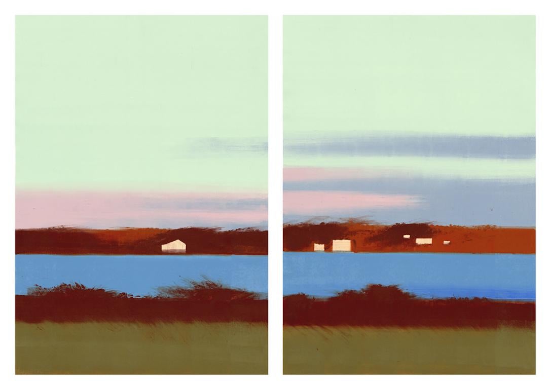 Rachel Burgess Landscape Print - Winter Morning, print of sky over blue river, diptych