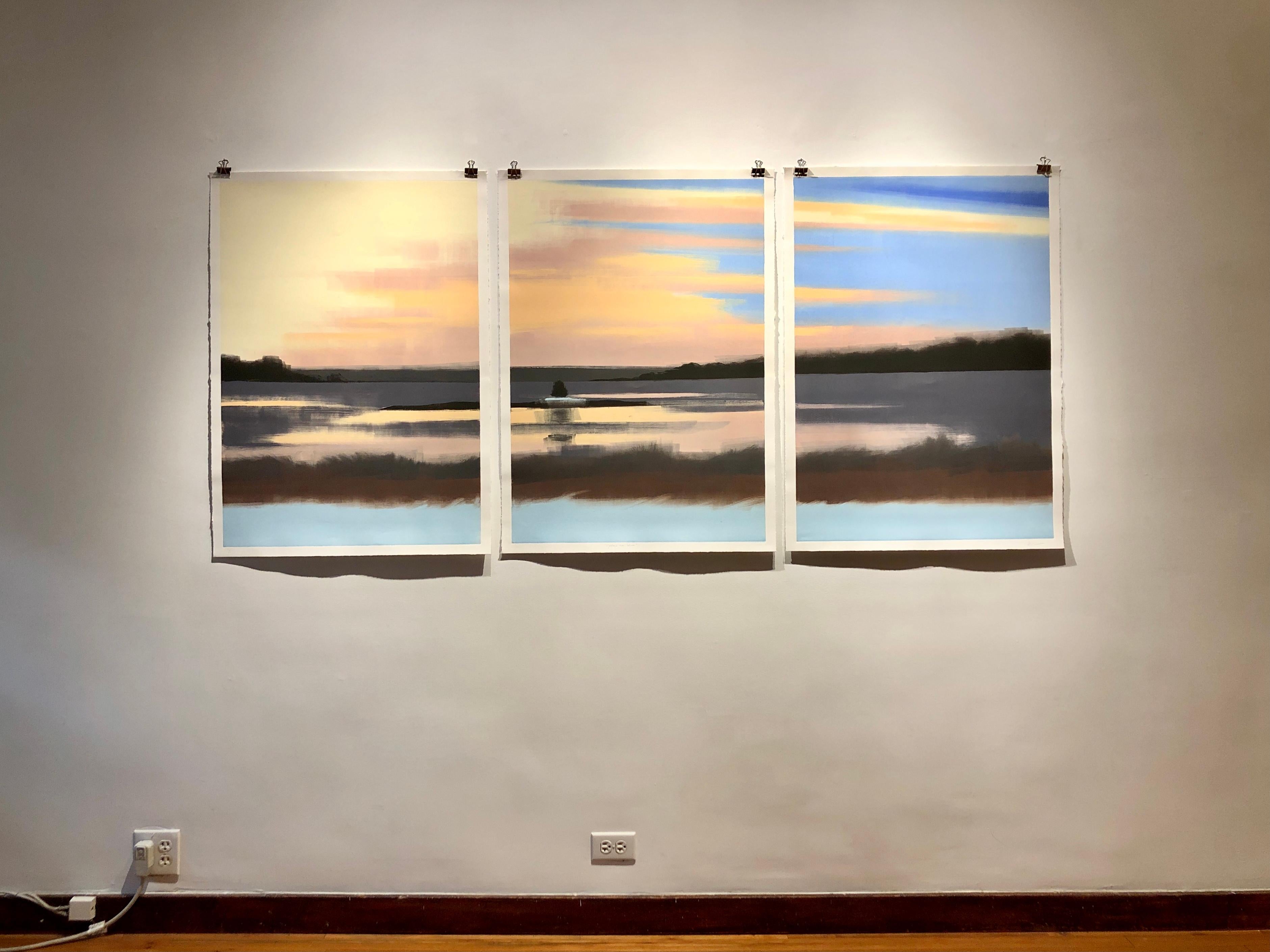 Yellow and Blue, earth toned landscape triptych, work on paper - Print by Rachel Burgess