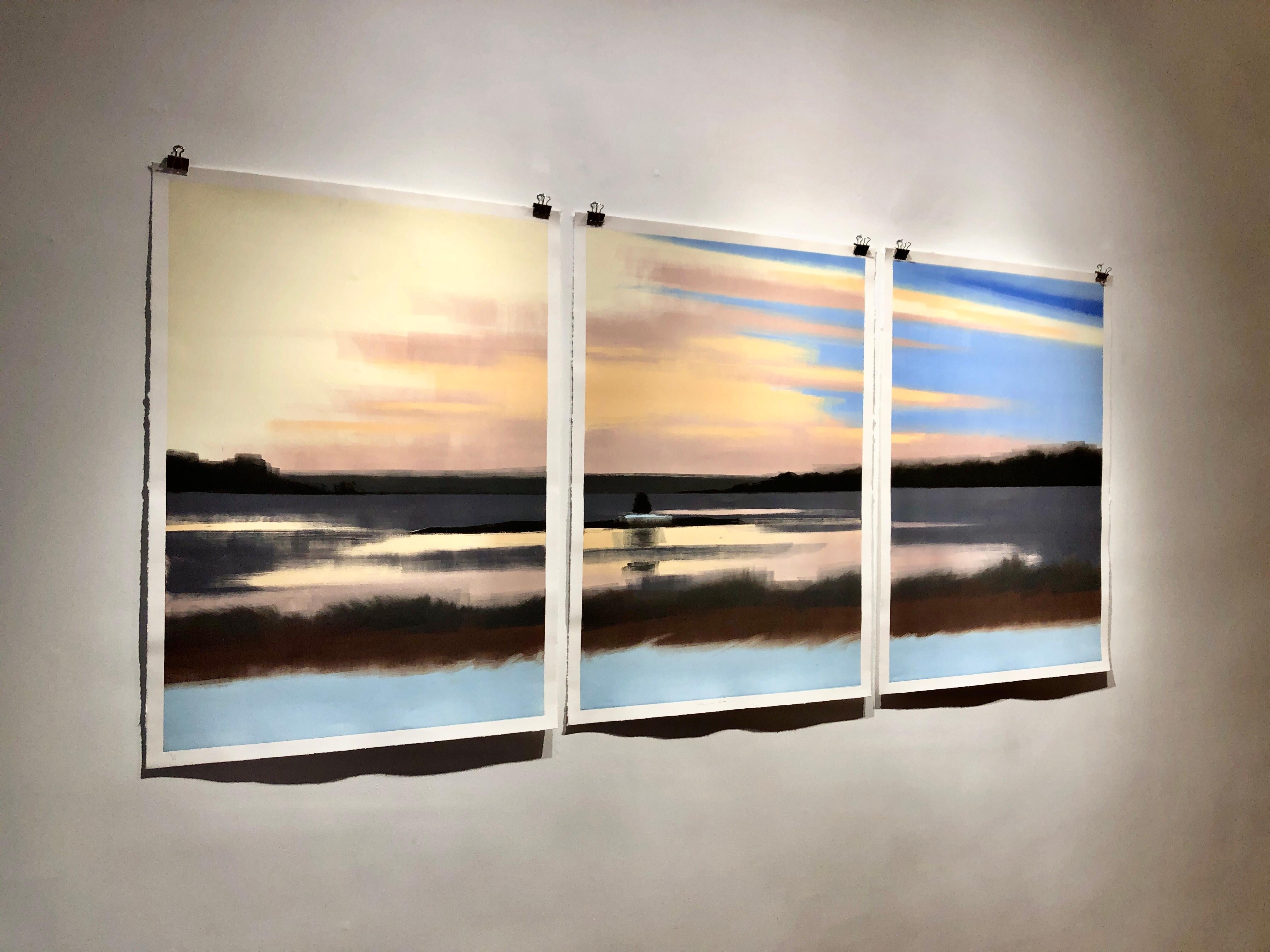 Yellow and Blue, earth toned landscape triptych, work on paper - Gray Landscape Print by Rachel Burgess
