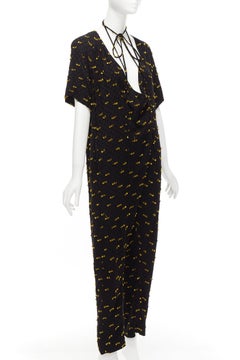 RACHEL COMEY black yellow frayed edge detail tie neck relaxed jumpsuit US0 XS
