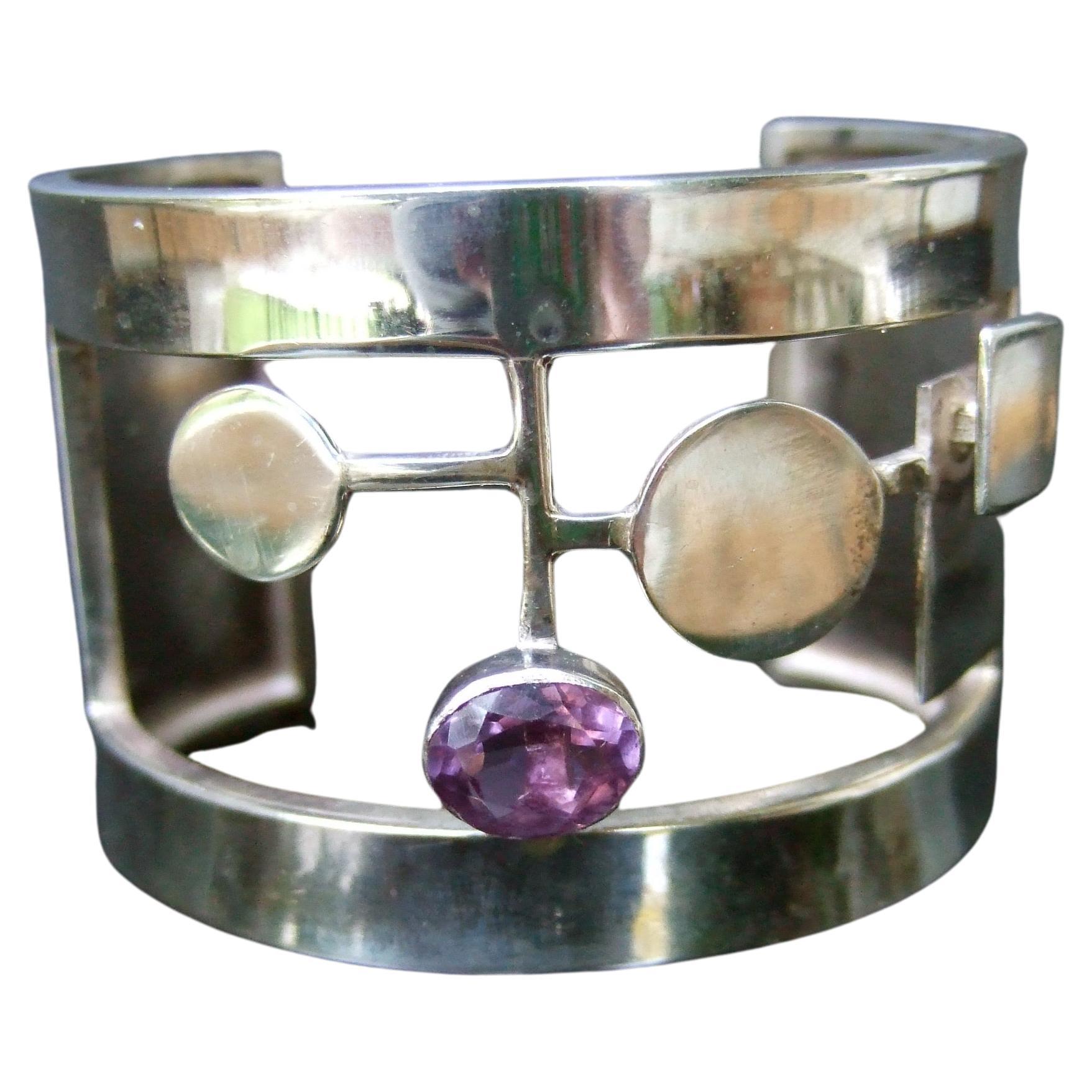 Rachel Gera Wide Sterling Amethyst Artisan Cuff c 1990s