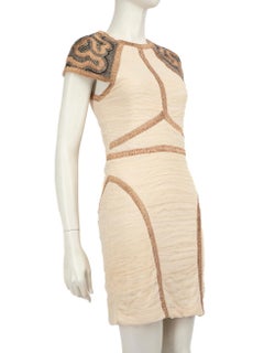 Rachel Gilbert Beige Ruched Embellished Mini Dress Size S