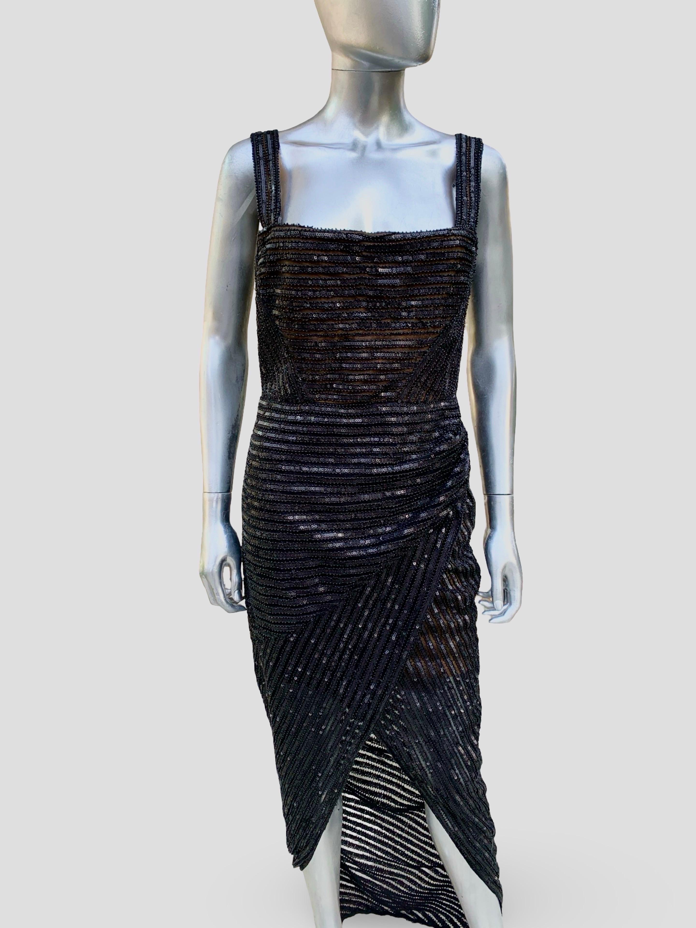 Rachel Gilbert Atemberaubende Schwarz Perlen/Sequin Cutaway Abendkleid Größe 8 NWT im Angebot 10