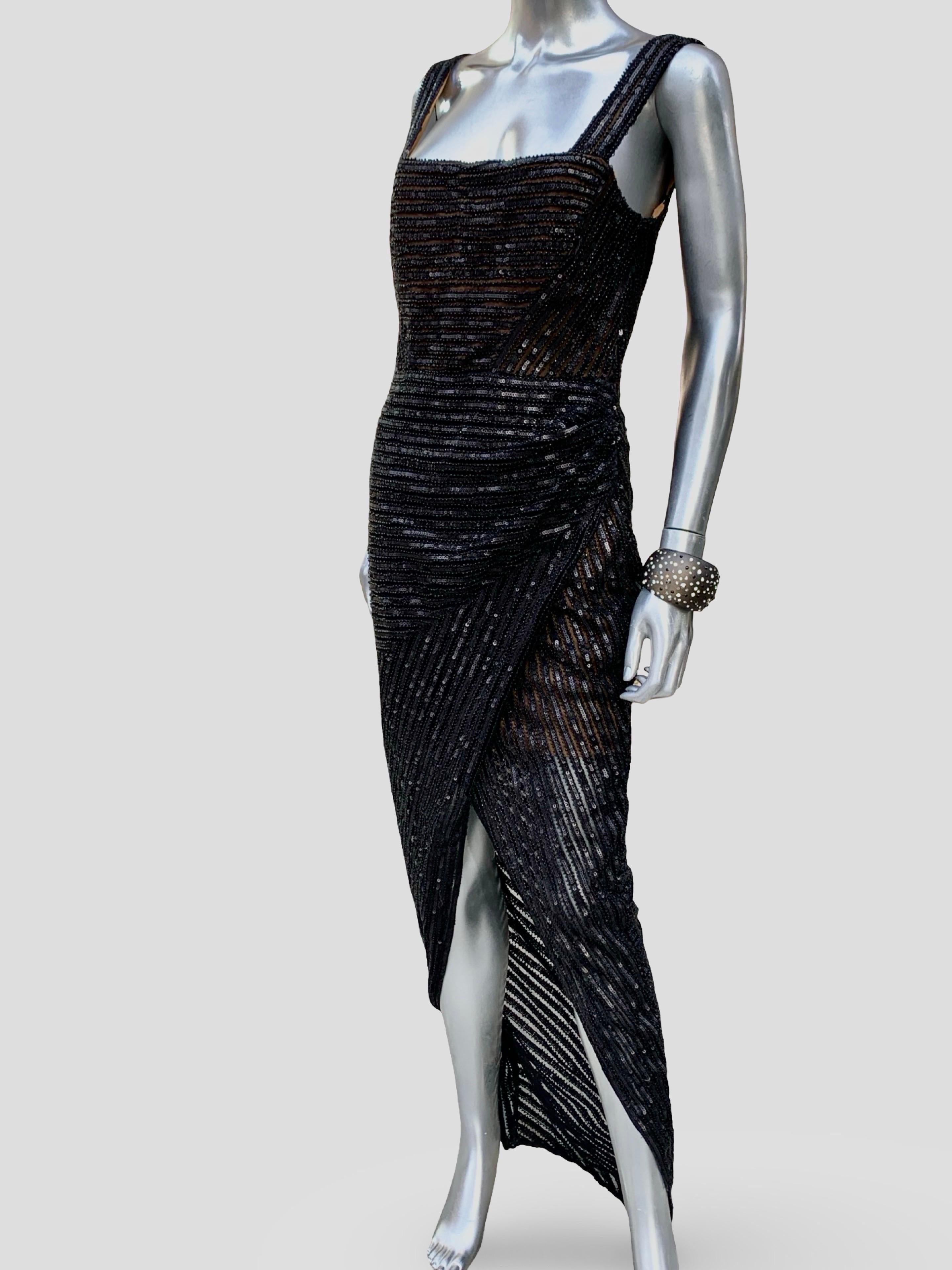 Rachel Gilbert Atemberaubende Schwarz Perlen/Sequin Cutaway Abendkleid Größe 8 NWT im Angebot 11