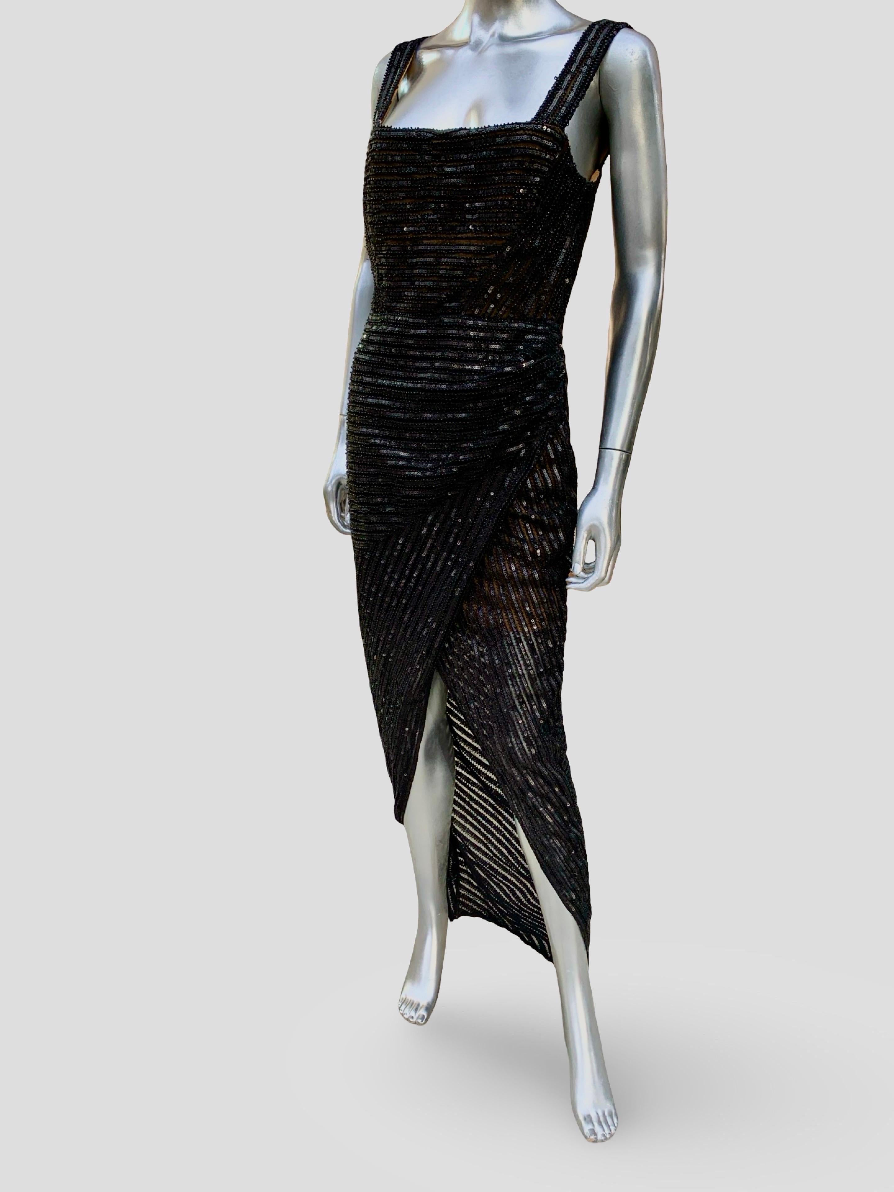 Rachel Gilbert Atemberaubende Schwarz Perlen/Sequin Cutaway Abendkleid Größe 8 NWT im Angebot 4