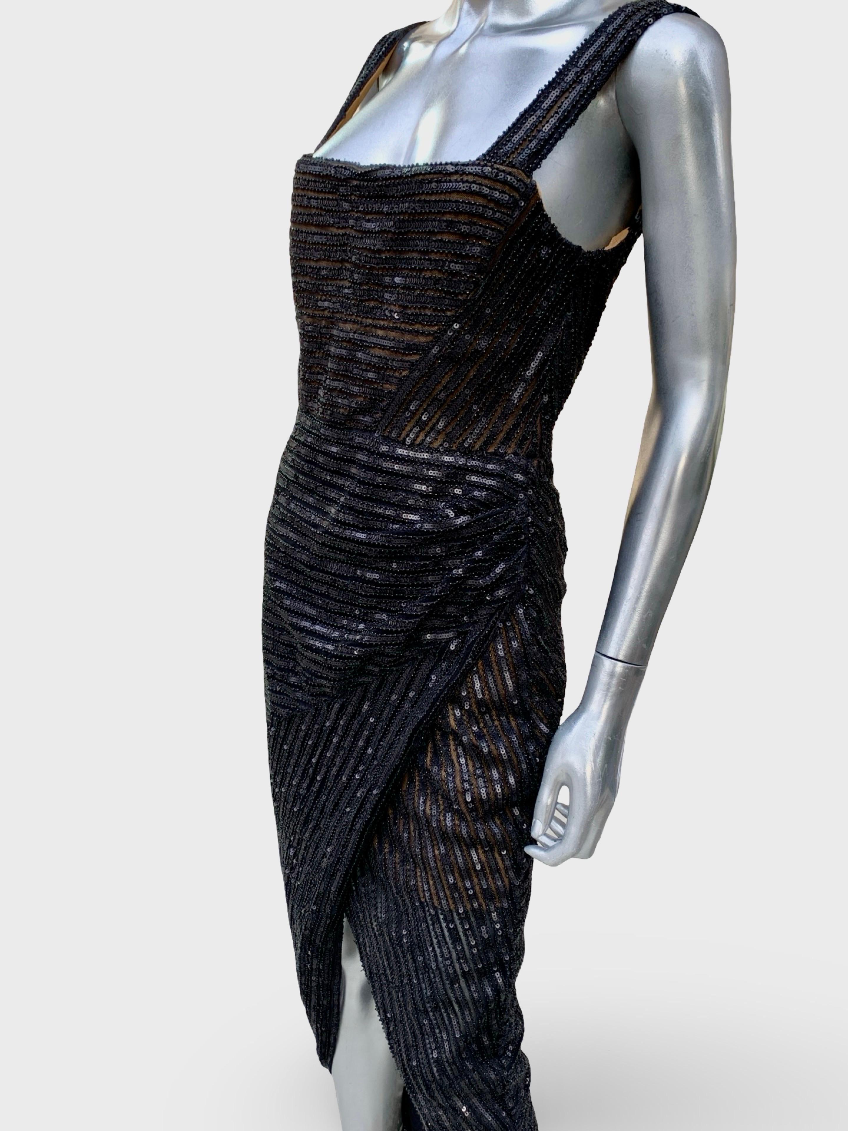 Rachel Gilbert Atemberaubende Schwarz Perlen/Sequin Cutaway Abendkleid Größe 8 NWT im Angebot 6