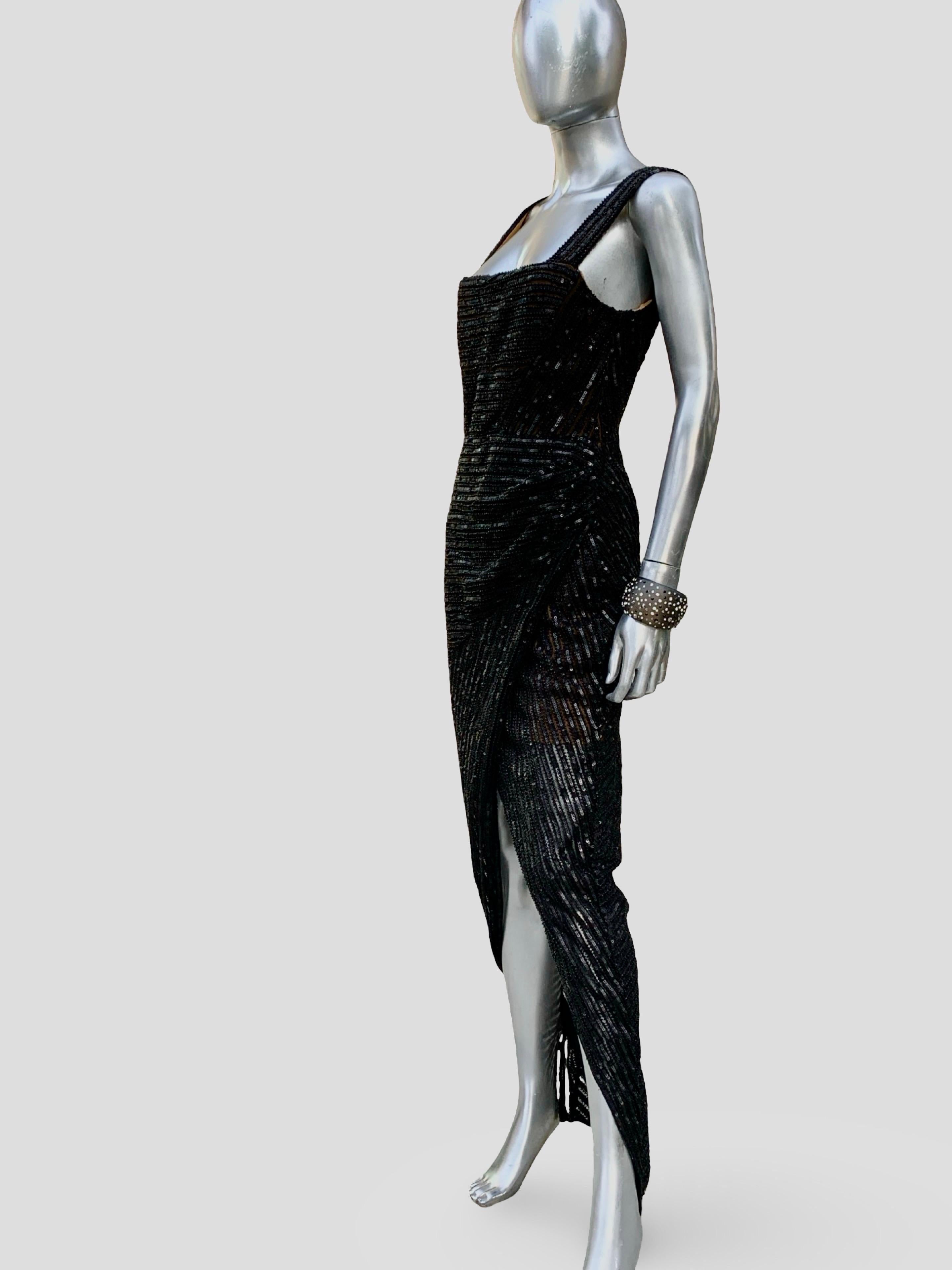 Rachel Gilbert Atemberaubende Schwarz Perlen/Sequin Cutaway Abendkleid Größe 8 NWT im Angebot 8