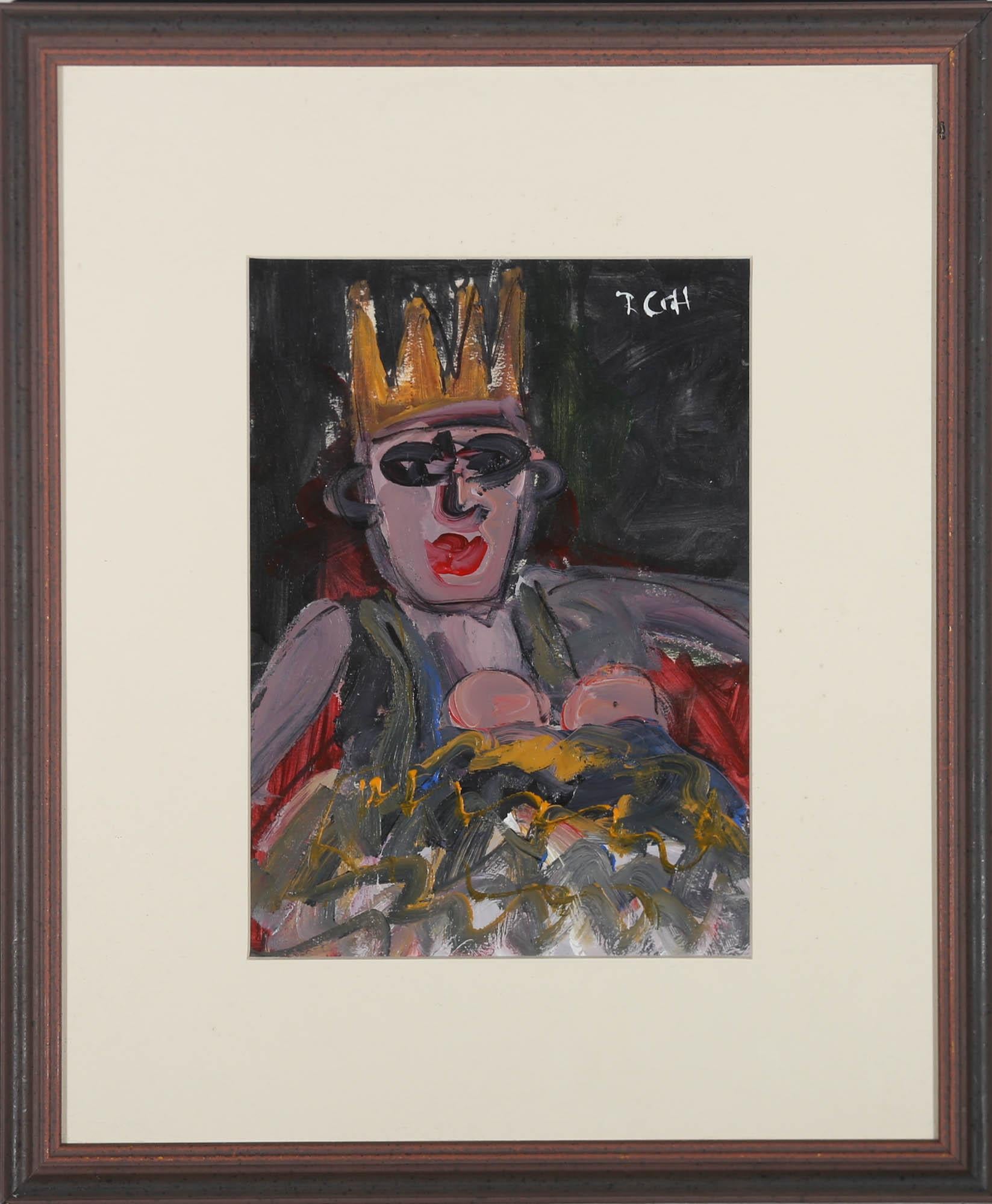 A charismatic depiction of the Queen of Sheba in an expressive style. The artist uses a fun colour palette and naïve features to create an endearing, fun portrait. Signed with initials to the upper right. Presented in a wooden frame and white card