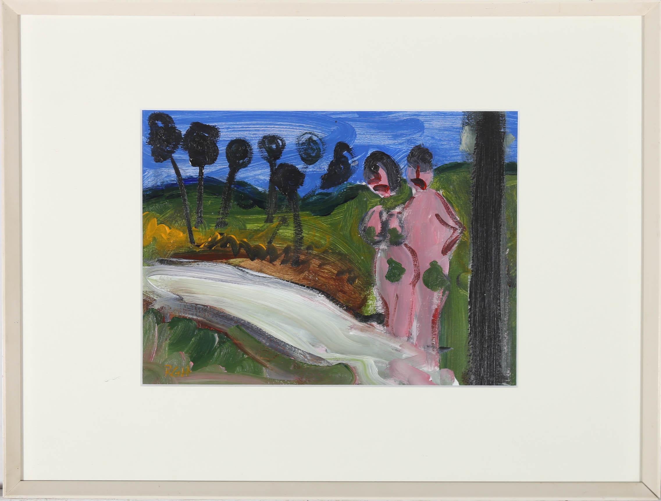 A light-hearted interpretation of the story of Adam and Eve, who find themselves in a vast landscape. The artist has attached a humorous inscription to the reverse reading: 'Less of the poor mouth, it's not as if I didn't make enough trees! Trees