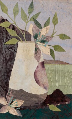 Vase with Green Leaves - Contemporary Collage with Landscape, Leaves and Flowers