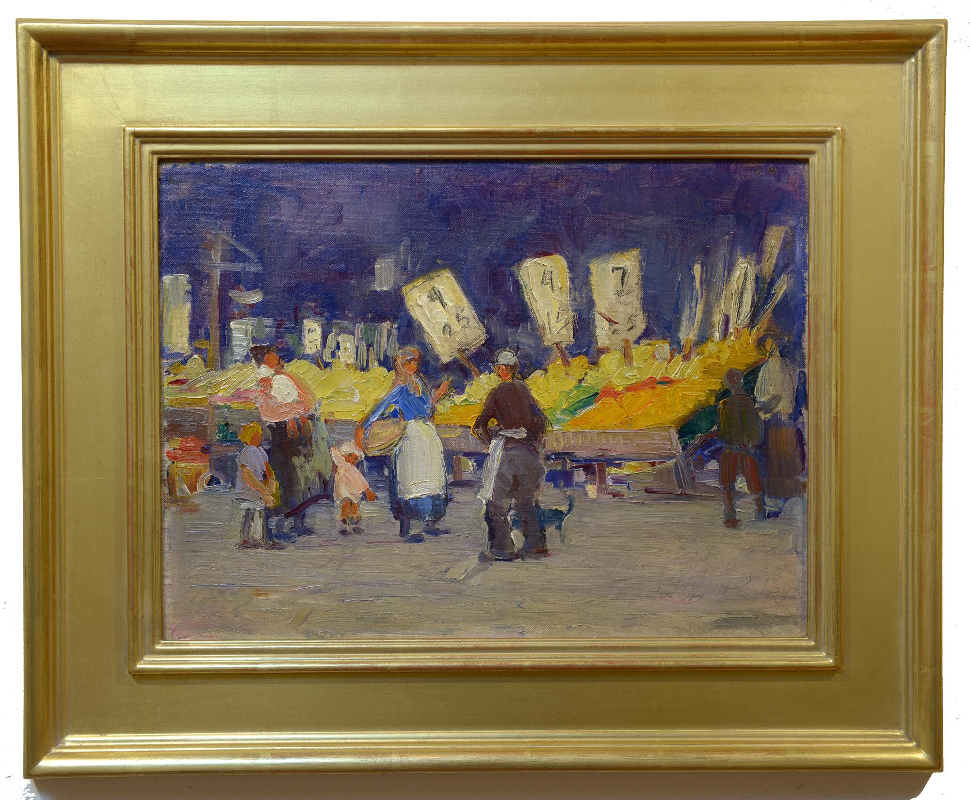 Market Day, Greenwich Village, New York City, Impressionist, Öl auf Karton – Painting von Rachel Hartley