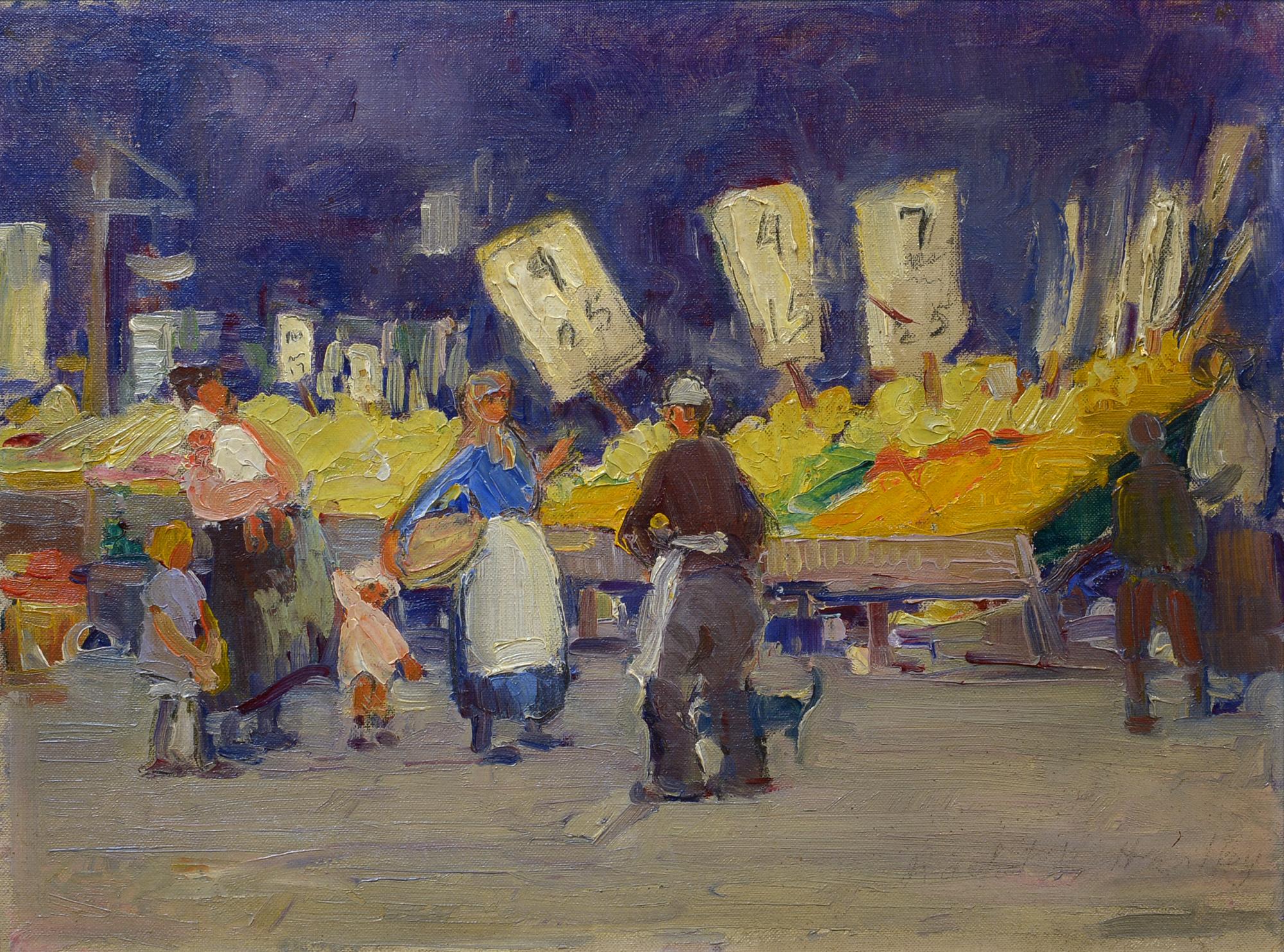 Rachel Hartley Landscape Painting – Market Day, Greenwich Village, New York City, Impressionist, Öl auf Karton