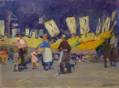 Market Day, Greenwich Village, New York City, Impressionist, Oil on Board