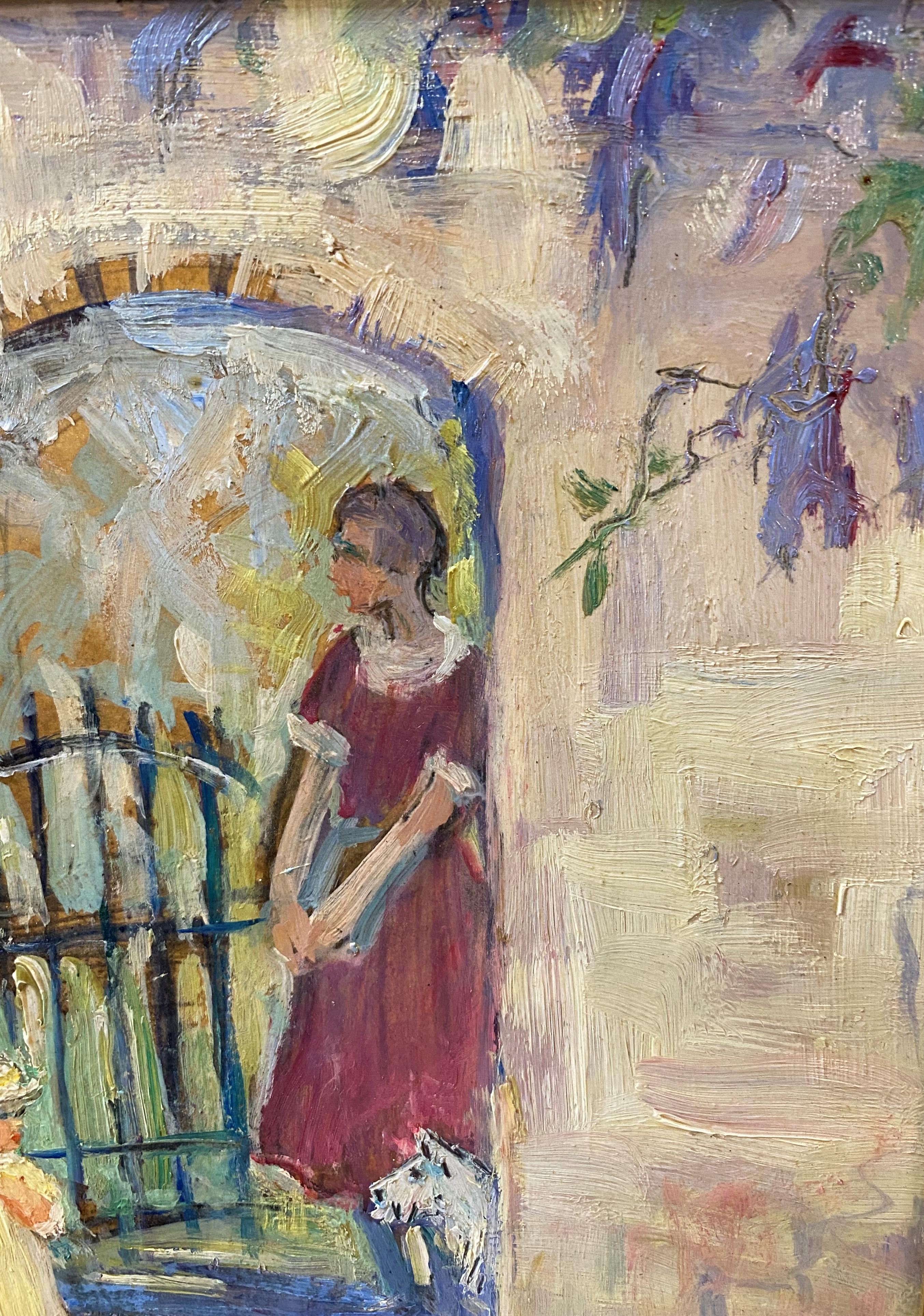 A splendid impressionist southern scene with figures in a doorway, possibly Charleston, South Carolina by American artist Rachel V. Hartley (1884-1955). Hartley was born in New York City, daughter of sculptor Jonathon Scott Hartley and Helen Inness