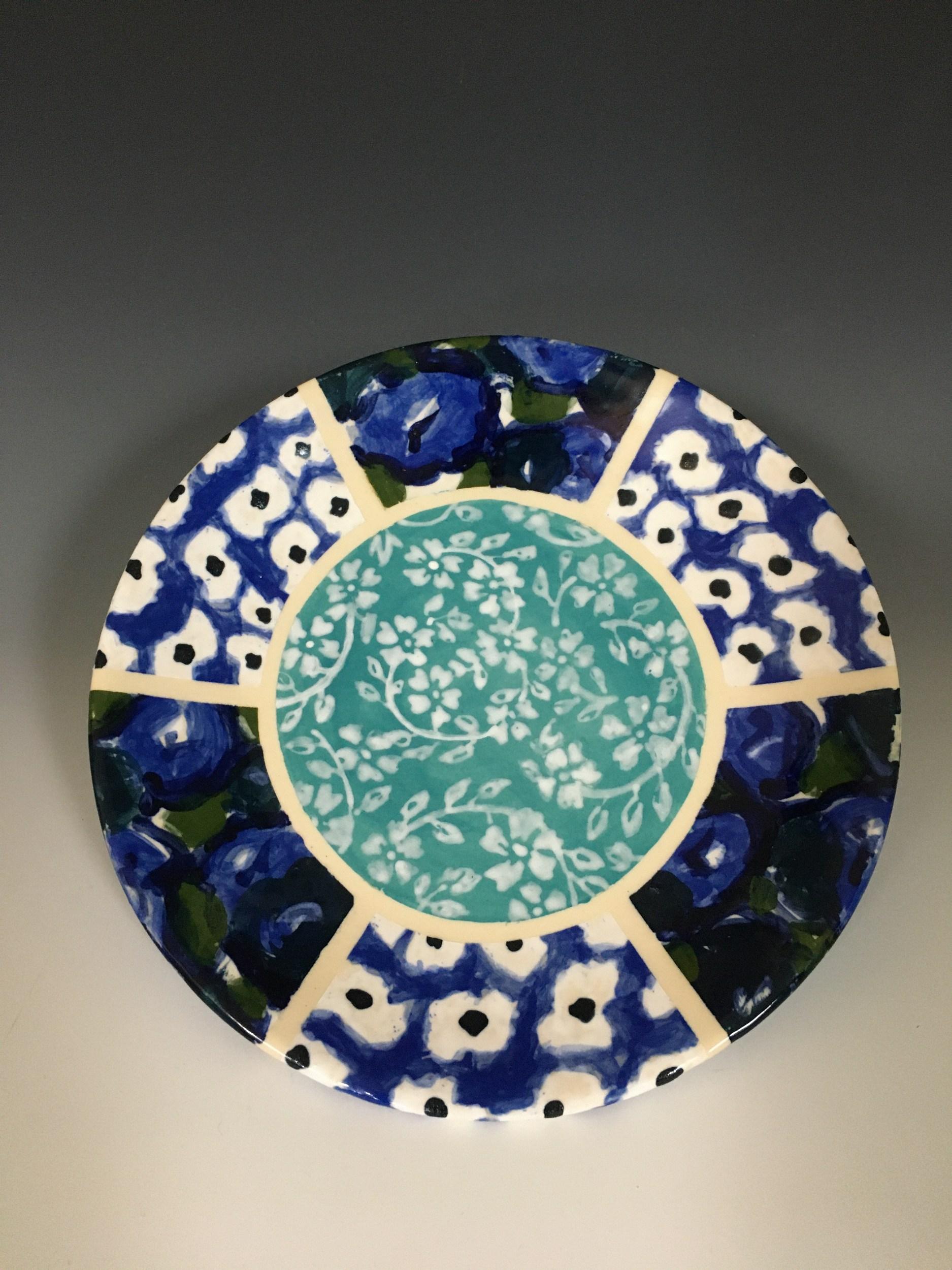 Blue Three Pattern Plate - Mixed Media Art by Rachel Hubbard Kline