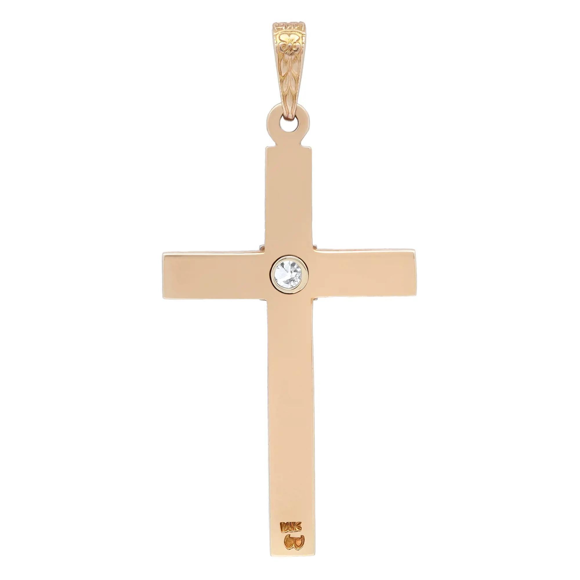 This meaningful cross pendant shines in lustrous 14K yellow gold. Features a textured cross with a center prong set round brilliant cut diamond weighing 0.09 carat. Pendant size: 33mm x 20.3mm. Total weight: 3.29 grams. Minimalist and stylish,