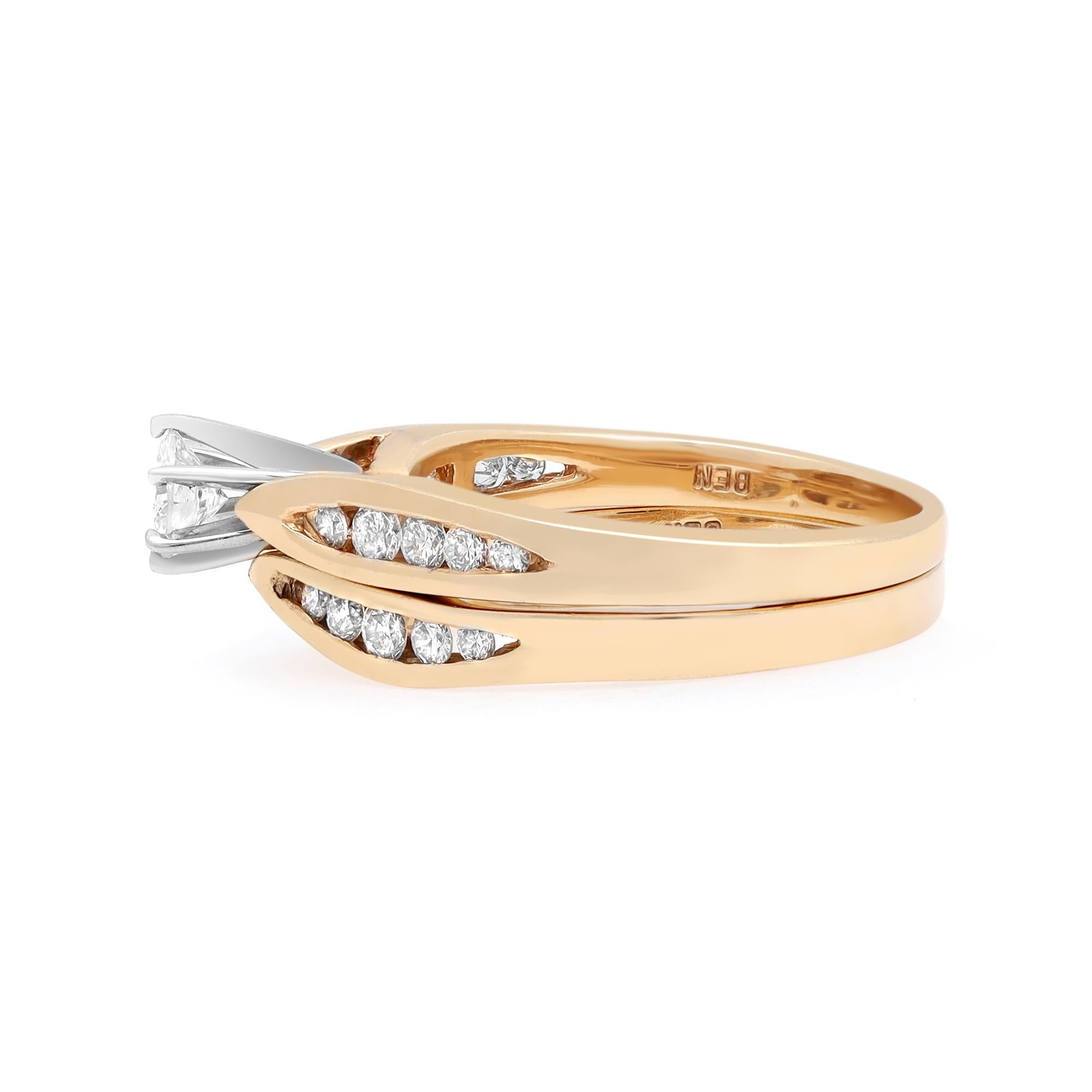 This is a beautiful bridal ring set, a combination of an engagement ring and a wedding band. Simple and chic, this ring set is a beautiful reminder of your timeless love. Mounted in fine 14k yellow gold. The classic engagement ring features a prong