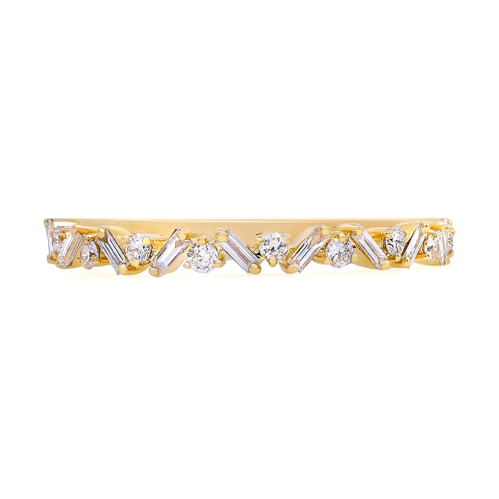 Rachel Koen 0.30Cttw Baguette & Round Cut Diamond Ring 18K Yellow Gold SZ 6.75 For Sale