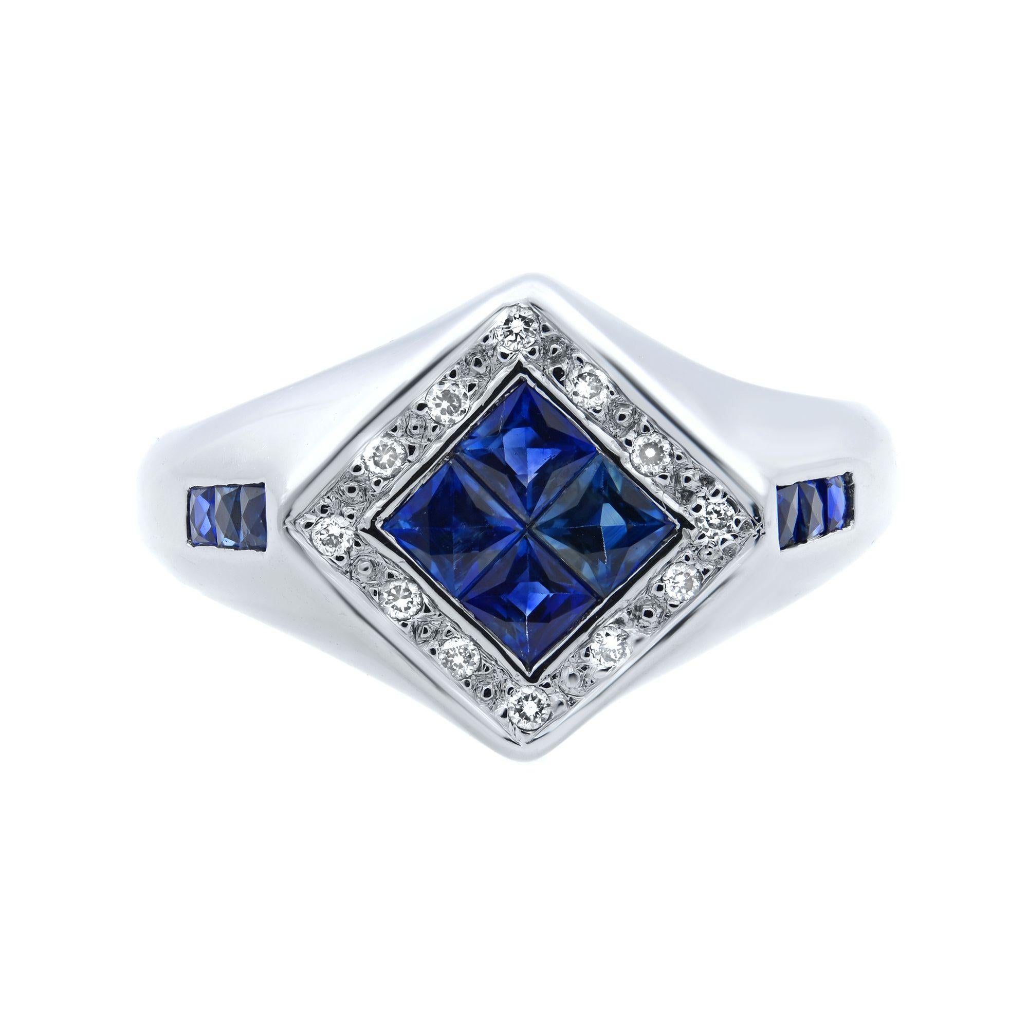 This unique ring holds 4 princess cut blue sapphires at the center and 3 tiny ones on each side of the shank. The halo is set with tiny diamonds. This ring is crafted in 14k white gold. Ring size 7. Blue Sapphire weight: 0.36cts. Diamond weight: