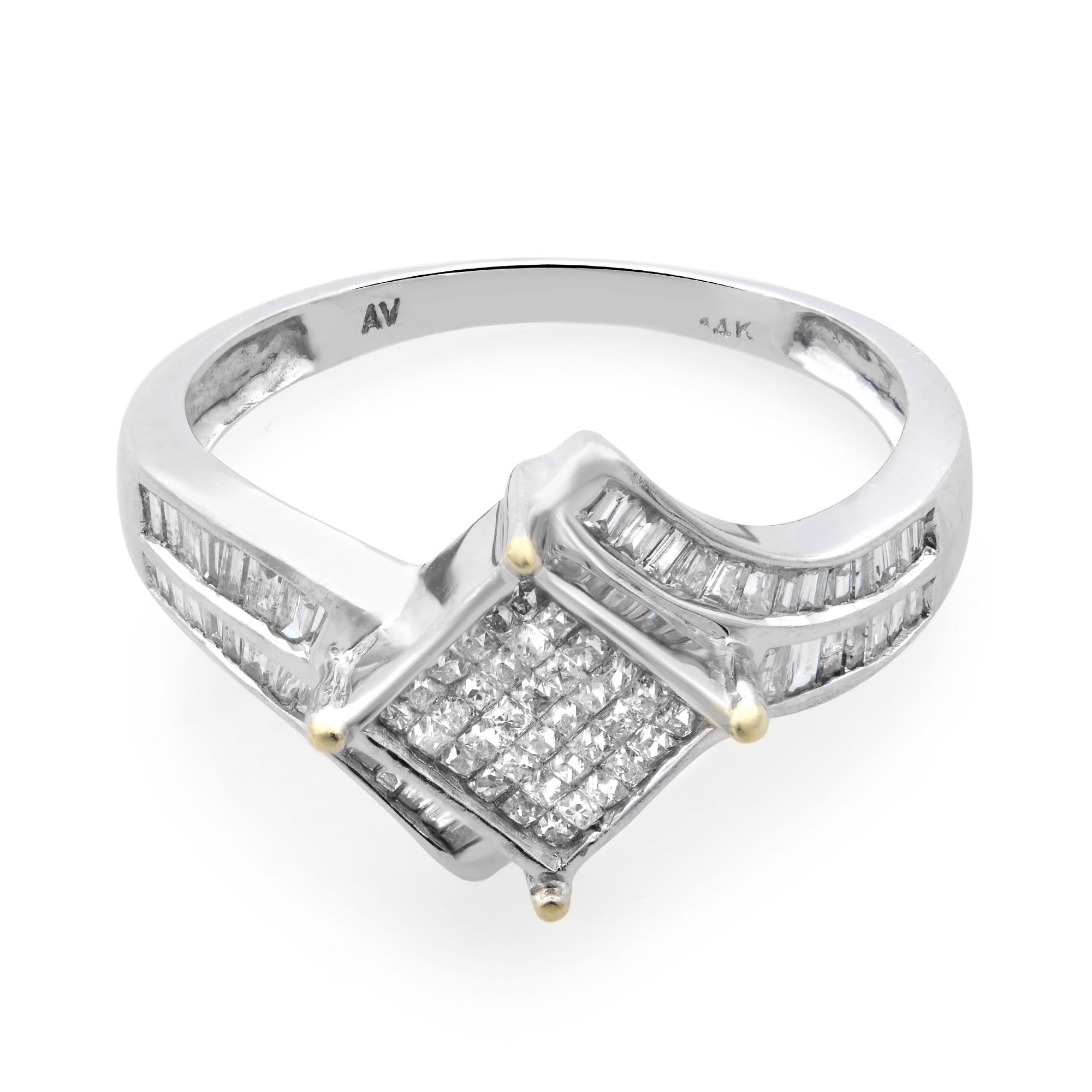 This gorgeous ring is encrusted with tiny princess cut diamonds in the center square shaped shank with channel set baguette cut diamonds on the ring shoulders. Crafted in high polished 14K white gold. Total diamond carat weight: 0.50 carat. Diamond