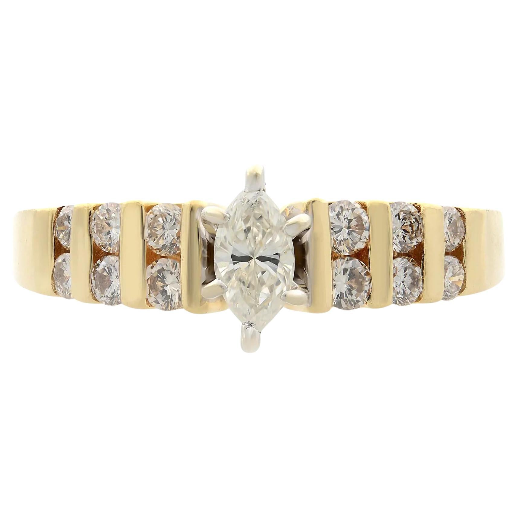 Rachel Koen, bague de fiançailles en or jaune 14 carats avec diamants marquises et ronds de 0,50 carat