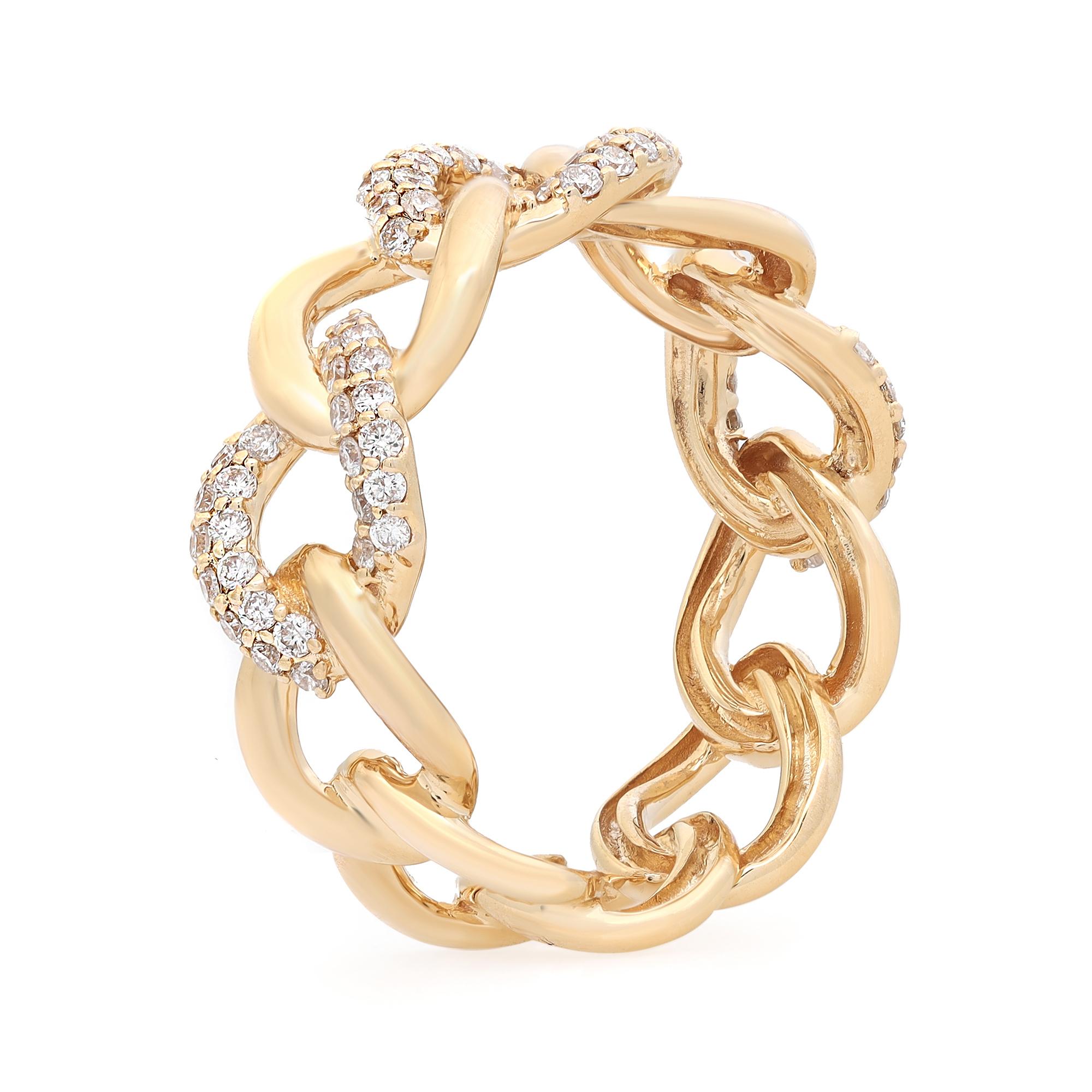 This classic yet elegant chain link ring band features pave set round brilliant cut diamonds encrusted in three alternate links. Crafted in high polished 18k yellow gold. Total diamond weight: 0.50Cttw. Diamond quality: Color G-H and Clarity VS-SI.