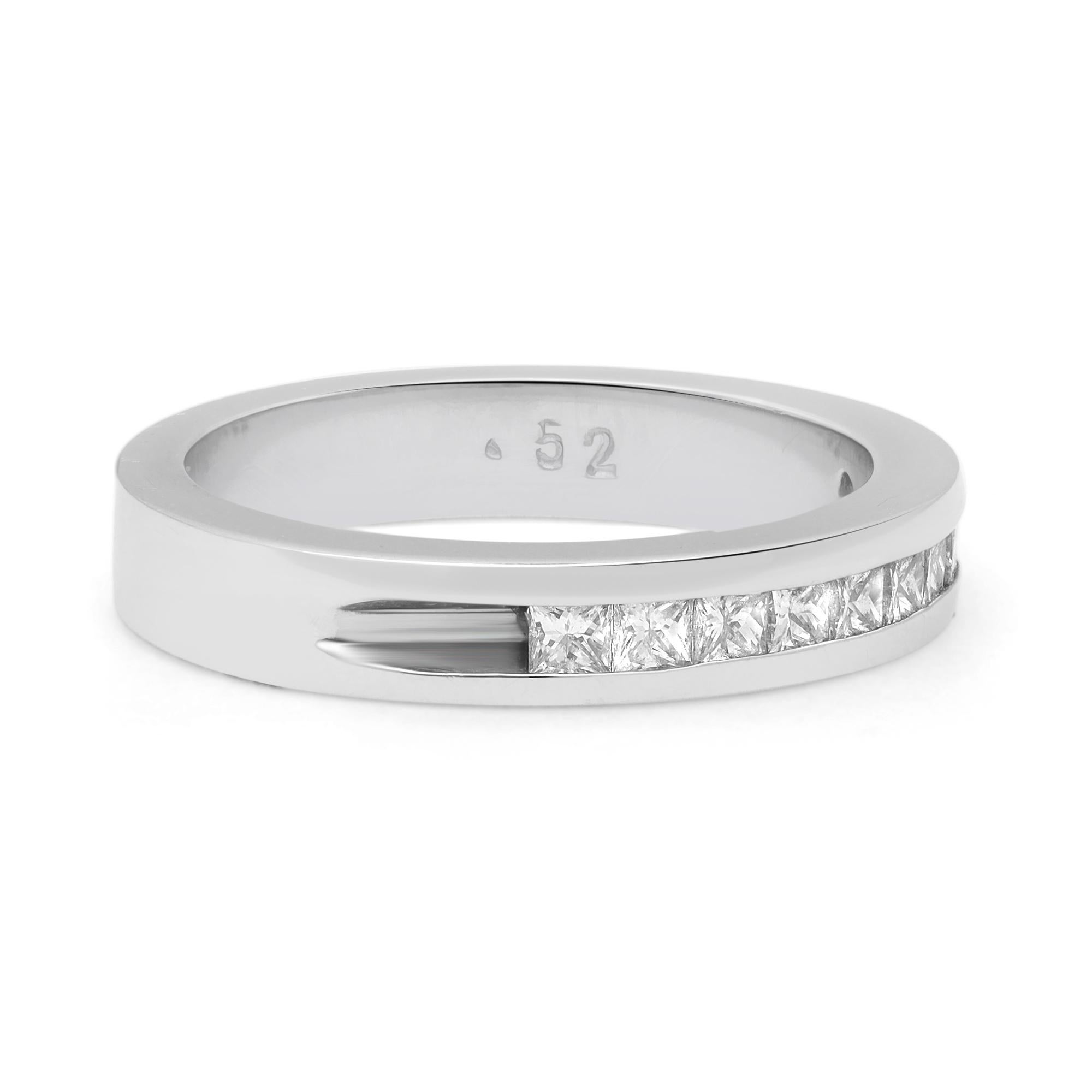 Timeless and stylish diamond wedding band ring. Crafted in fine high polished platinum. This ring features 10 dazzling princess cut diamonds in channel setting. Perfect for a gift or as a promise ring. Total diamond weight: 0.50 carat. Diamond color