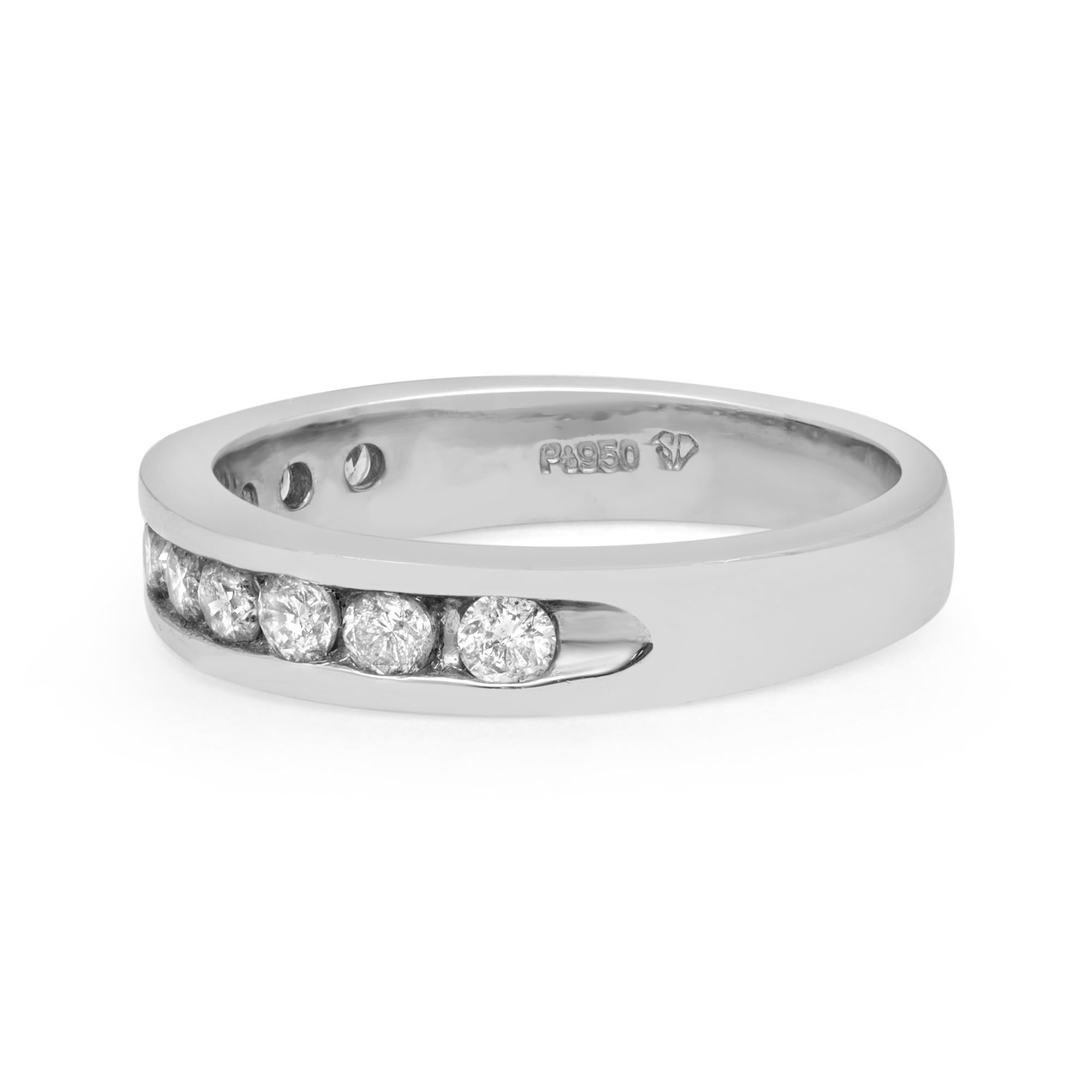 This beautiful diamond wedding band ring is a perfect fit for any occasion. Crafted in fine high polished platinum. It features 10 channel set round brilliant cut diamonds weighing 0.50 carat encrusted halfway through the band. Diamond color H-I and