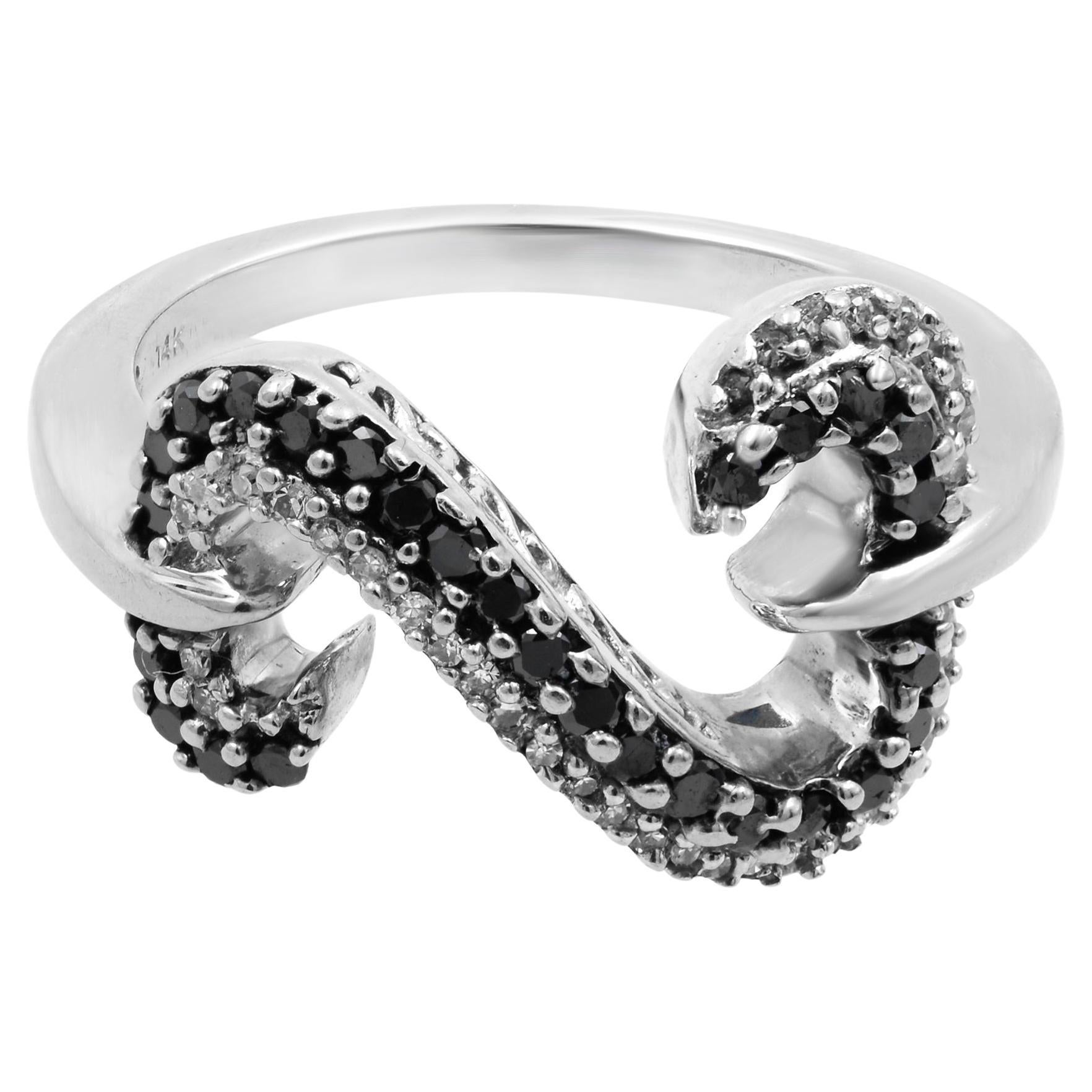 Rachel Koen 0.50Ctw Black & White Diamond Ladies Ring 14K White Gold Size 6.75 For Sale