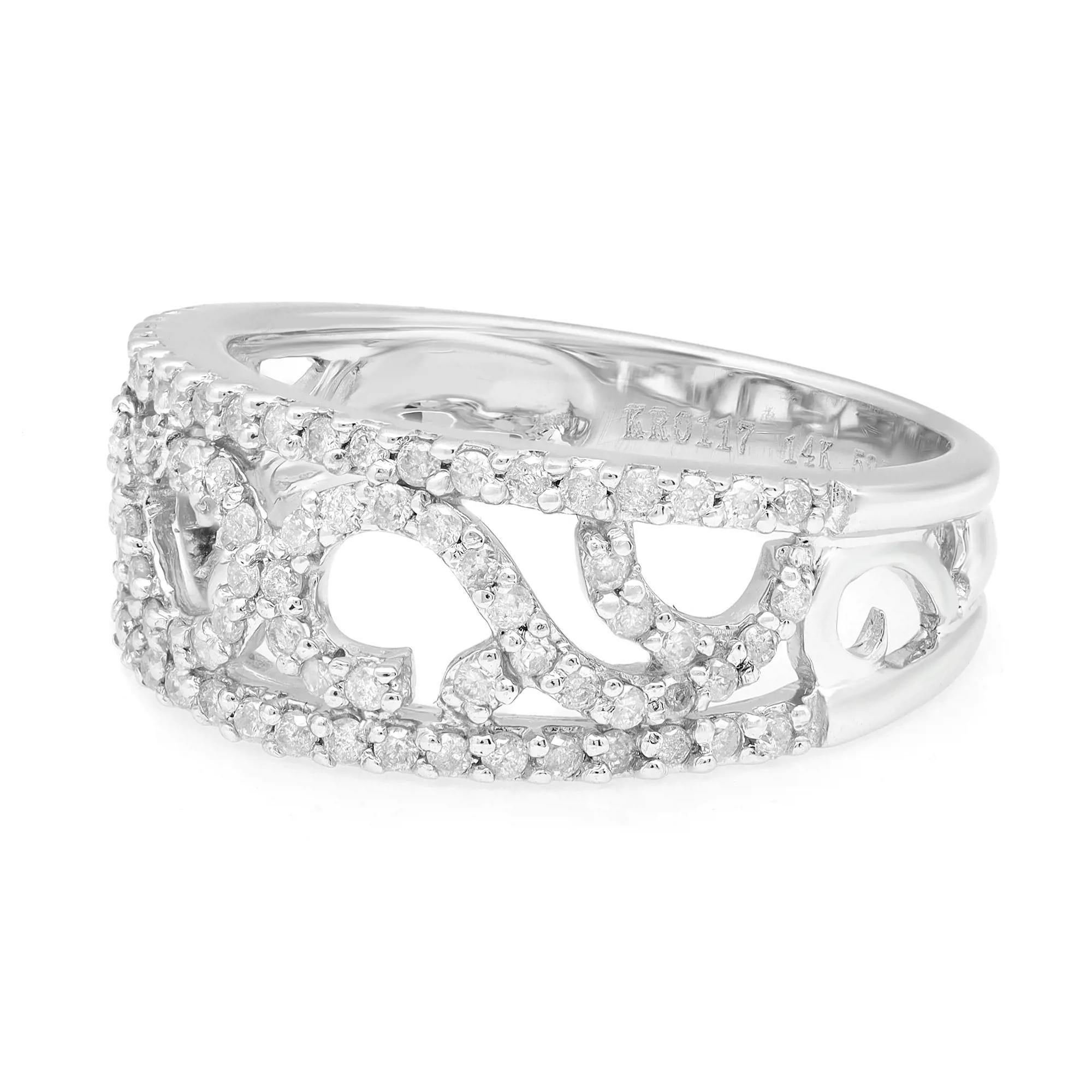 Modern ladies wide band ring crafted in 14k white gold. This ring features round cut diamonds encrusted in prong setting. Total diamond weight: 0.53 carat. Diamond quality: color I and clarity SI1. Ring size: 7.5. Ring width: 8.7mm. Total weight: