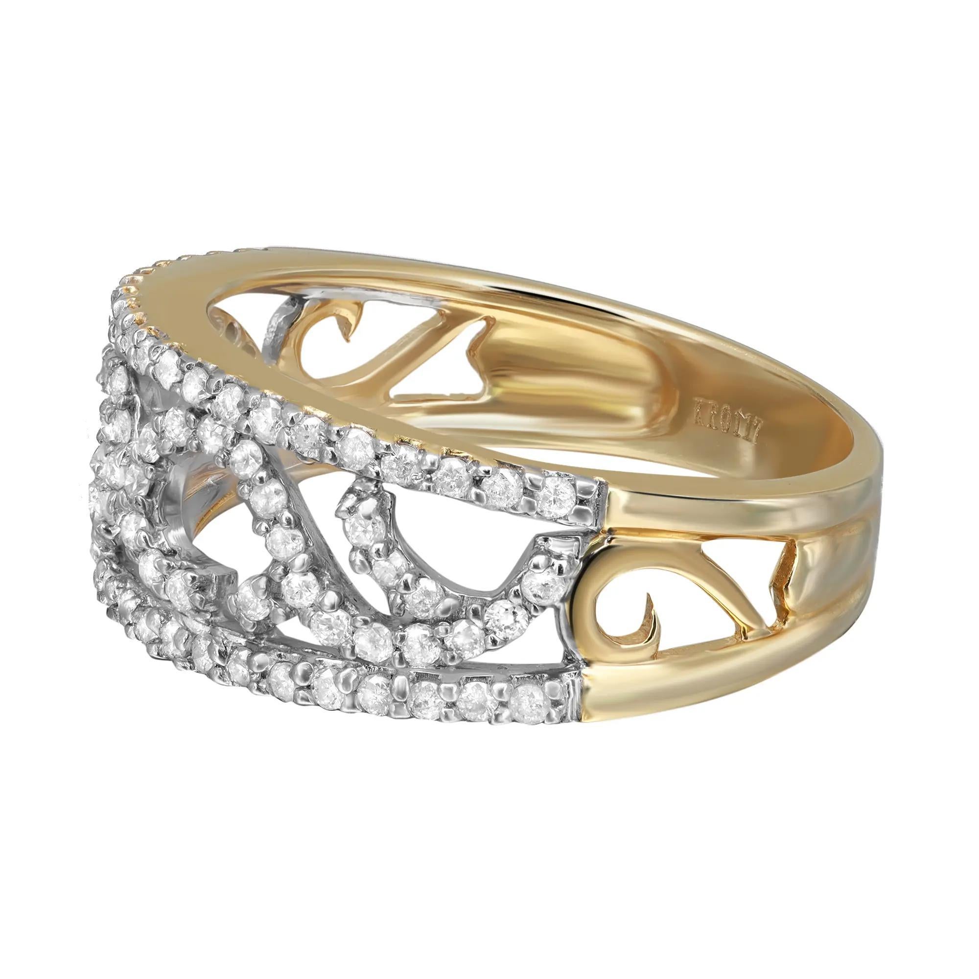 Modern ladies wide band ring crafted in 14k yellow gold. This ring features round cut diamonds encrusted in prong setting. Total diamond weight: 0.53 carat. Diamond quality: color I and clarity SI-I. Ring size: 7.5. Ring width: 8.6mm. Total weight: