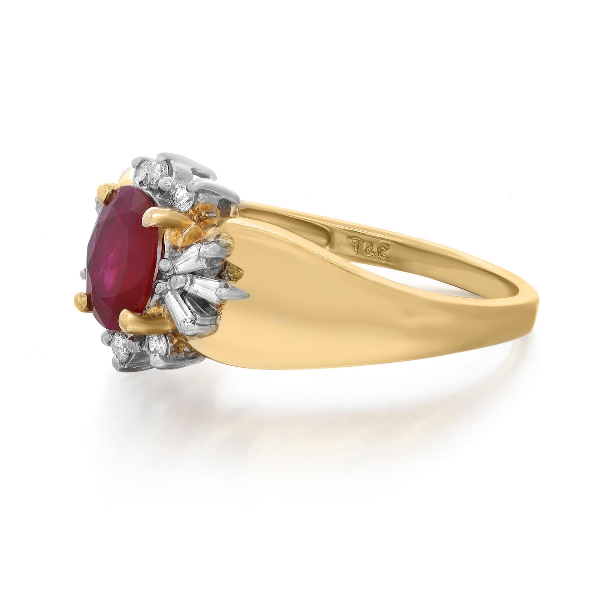 This beautiful ladies ring features a medium red oval brilliant cut ruby weighing 0.55 carats as center stone surrounded with 12 round and baguette cut diamonds weighing 0.18 carat. Diamond quality: H color and SI1 clarity. Crafted in high polished