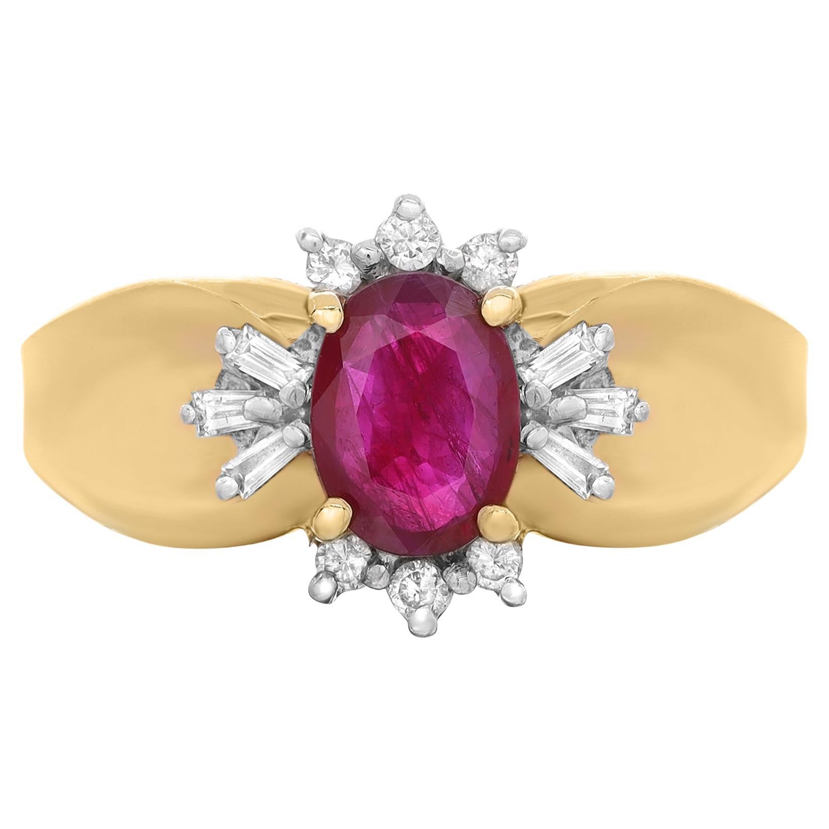 Rachel Koen 0.55Cts Red Ruby & 0.18Cts Diamond Ring 10K Yellow Gold For Sale