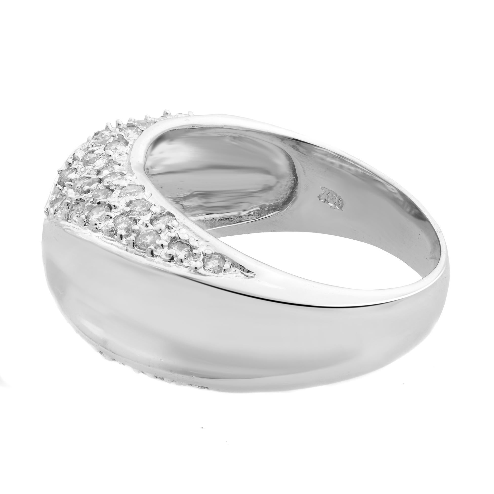 Chic and stylish, diamond ladies ring band adorned with pave set round brilliant cut diamonds weighing 0.60 carat. Diamond color G-H and SI clarity. This ring makes a great gift for someone special. Crafted in highly polished 18k white gold. Ring