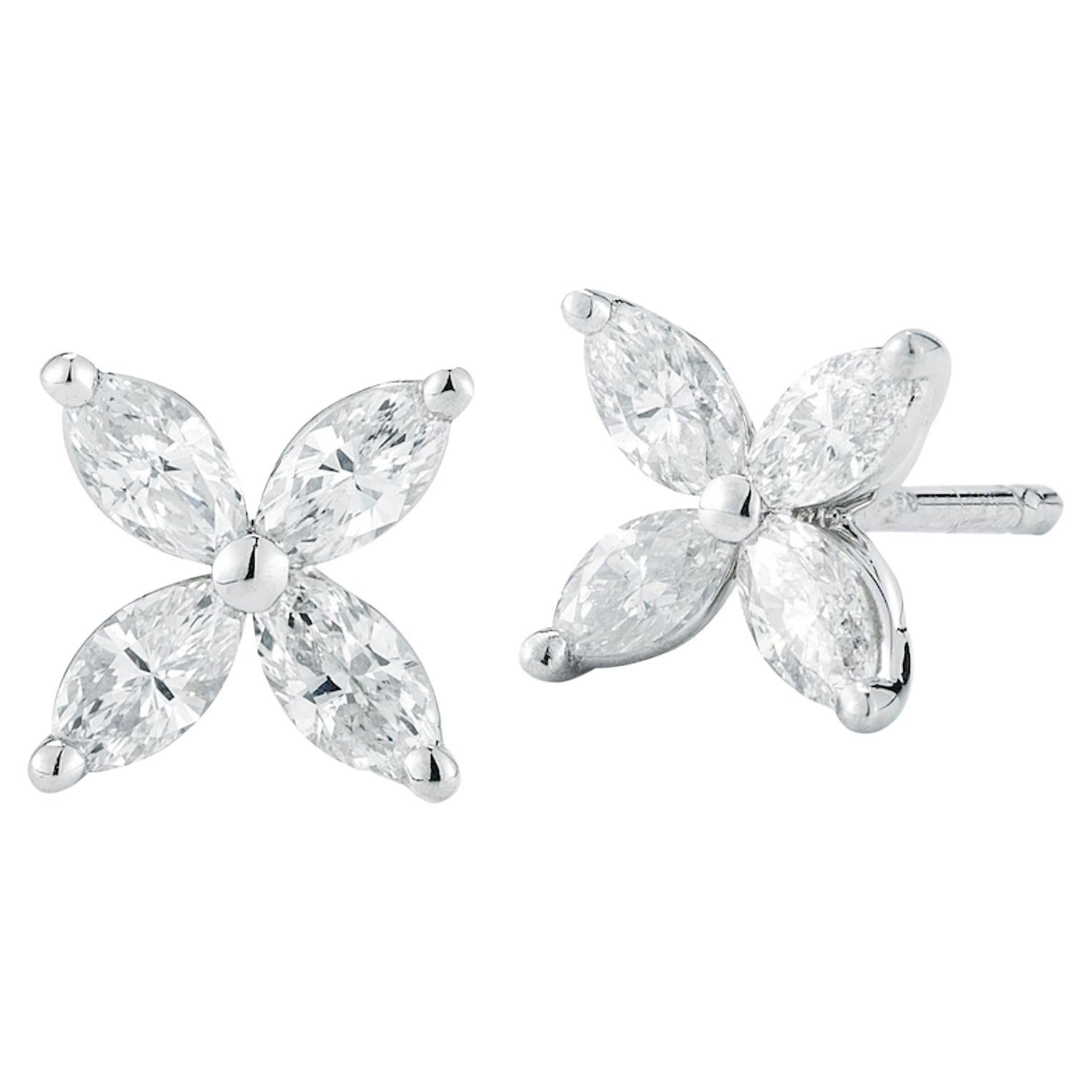 Rachel Koen Clous d'oreilles fleurs en or blanc 18 carats avec diamants taille marquise de 0,72 carat