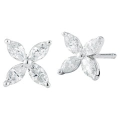 Rachel Koen Clous d'oreilles fleurs en or blanc 18 carats avec diamants taille marquise de 0,72 carat