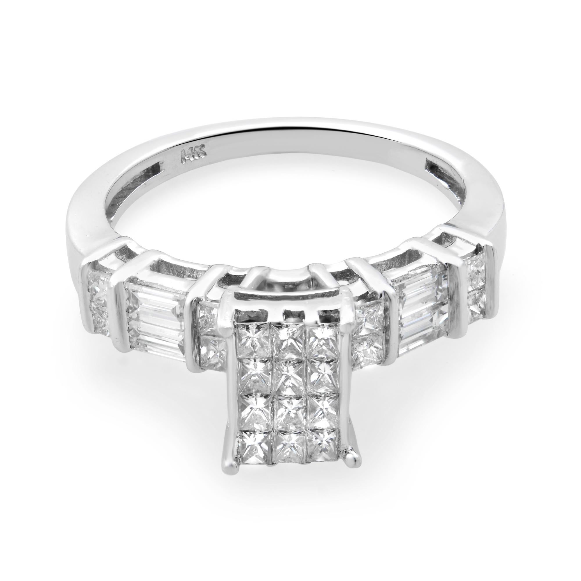 This stunning engagement ring is crafted in 14k white gold. It features princess cut diamonds encrusted in the center rectangular shank in an invisible setting giving an illusion of a bigger size diamond with baguettes and princess cut diamonds on