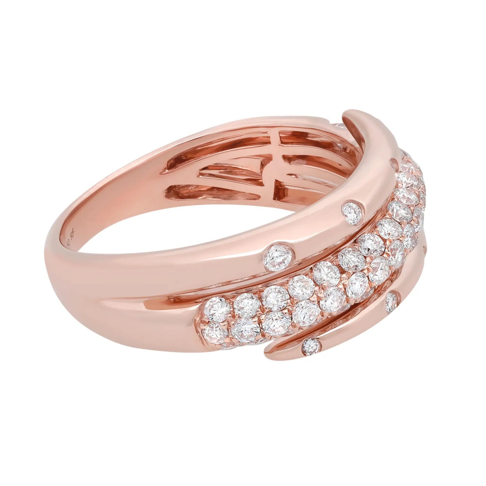 This beautiful spiral diamond ring is all about sparkle and glamour. Crafted in high polished 18k rose gold. This spiral style features 57 round brilliant cut diamonds with a center row of pave set shimmering diamonds and two half rows with