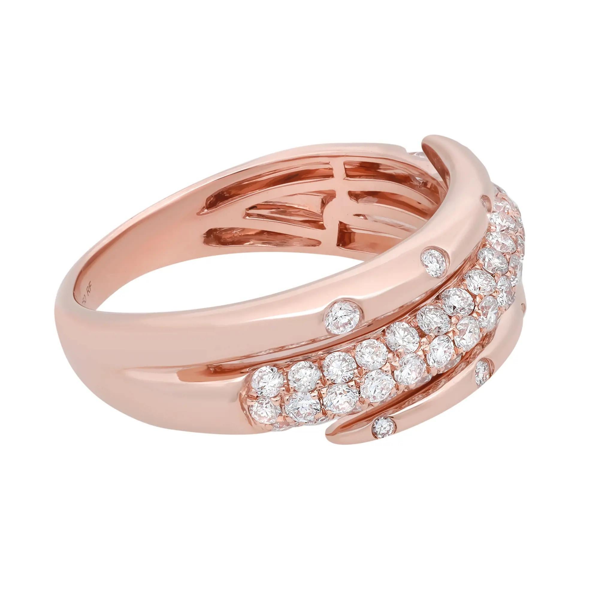 Dieser wunderschöne spiralförmige Diamantring steht für Glanz und Glamour. Gefertigt aus hochglanzpoliertem 18 Karat Roségold. Diese Spirale ist mit 57 runden Diamanten im Brillantschliff besetzt. In der Mitte befindet sich eine Reihe mit