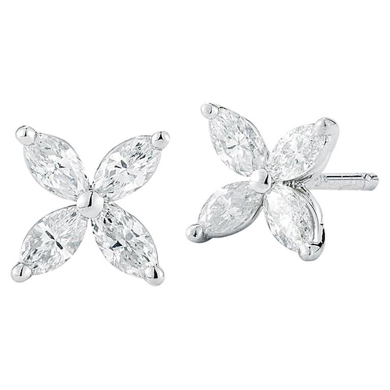 Rachel Koen Clous d'oreilles fleurs en or blanc 18 carats avec diamants taille marquise de 0,80 carat