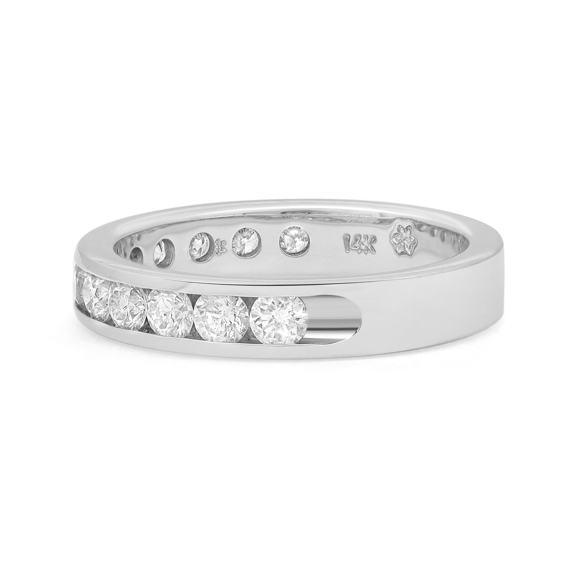 Timeless and stylish diamond wedding band ring. Crafted in fine 14K white gold. This ring features 12 dazzling round brilliant cut diamonds in channel setting. Perfect for a gift or as a promise ring. Total diamond weight: 0.85 carat. Diamond color