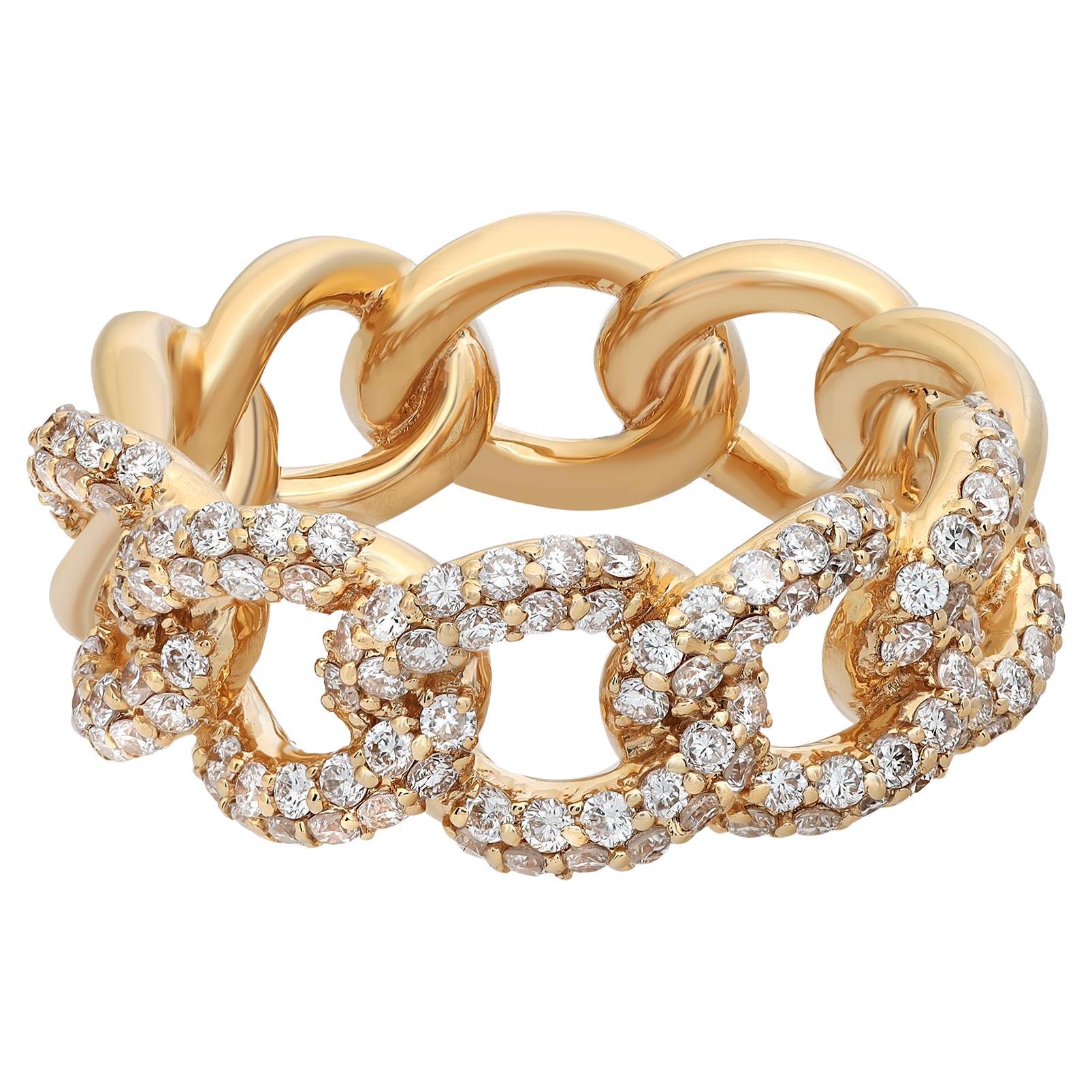 Rachel Koen 0.95Cttw Pave Set Diamond Chain Link Ring 18K Yellow Gold For Sale