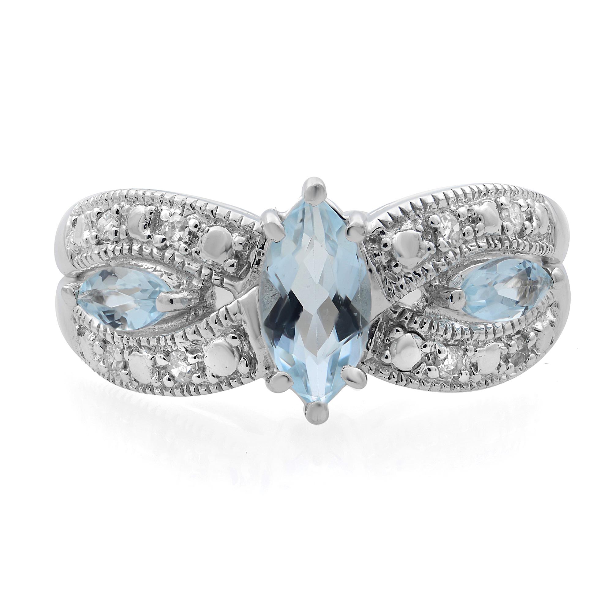 This beautiful ladies cocktail ring features 3 marquise cut aquamarines of 1.00cttw and 8 round diamonds of 0.10cttw, all set with prongs. Ring size 7. Comes with presentable box and papers. 