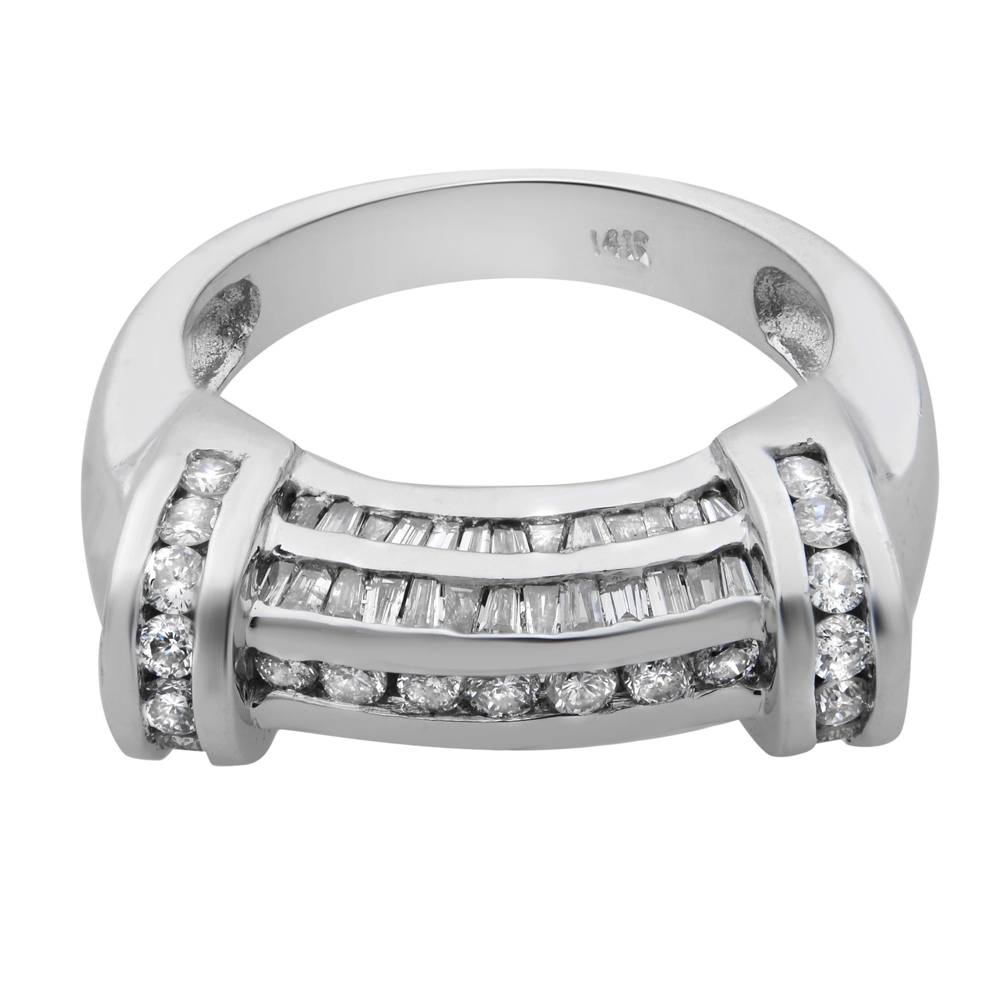 Speak of the bold and beautiful design of this 14k white gold diamond ring band. It features baguette and round brilliant cut diamonds encrusted in channel setting. Total diamond weight: 1.00 carat. Diamond quality: J-K color and I clarity. Ring