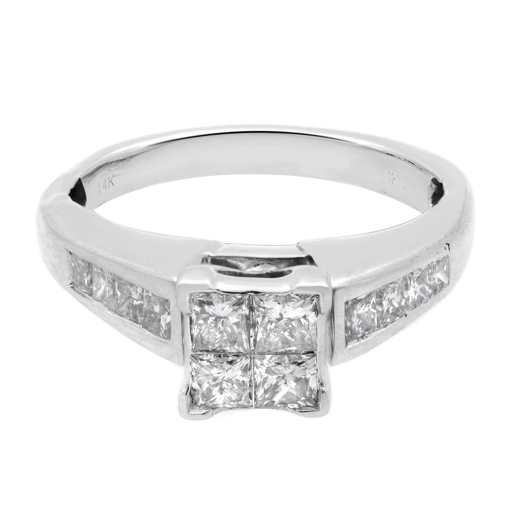 This stunning engagement ring is crafted in 14k white gold. It features 4 princess cut diamonds encrusted in a center square shaped shank in an invisible setting giving an illusion of a bigger size diamond with channel set princess cut diamonds on