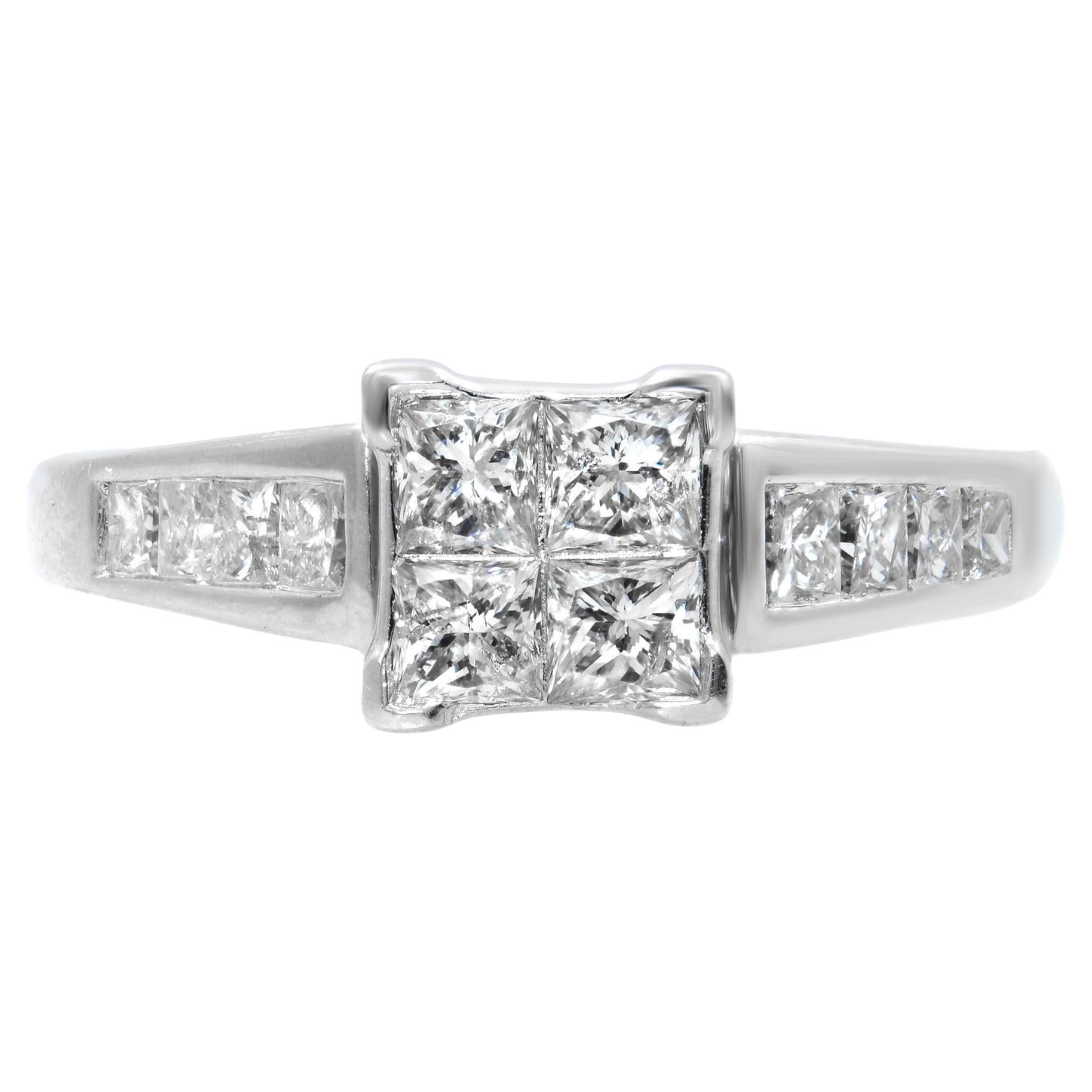 Rachel Koen Bague de fiançailles en or blanc 14 carats avec diamants taille princesse de 1,00 carat au total, taille 6 en vente