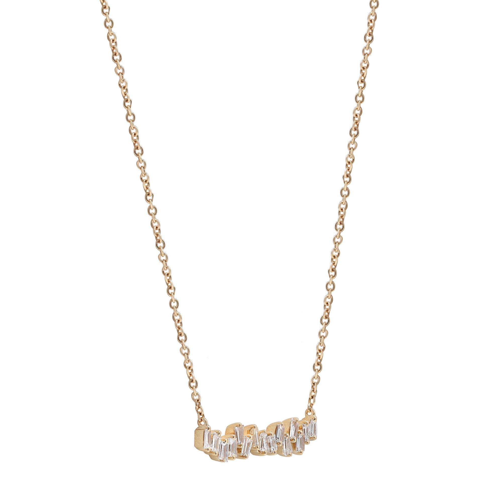 Lead the way with this alluring diamond cluster bar necklace for her, crafted in 18K yellow gold and encrusted with 1.02 carat of shimmering baguette cut diamonds. Diamond color G and VS-SI clarity. Bar size: 32.3 mm. Chain length: 18 inches. Total