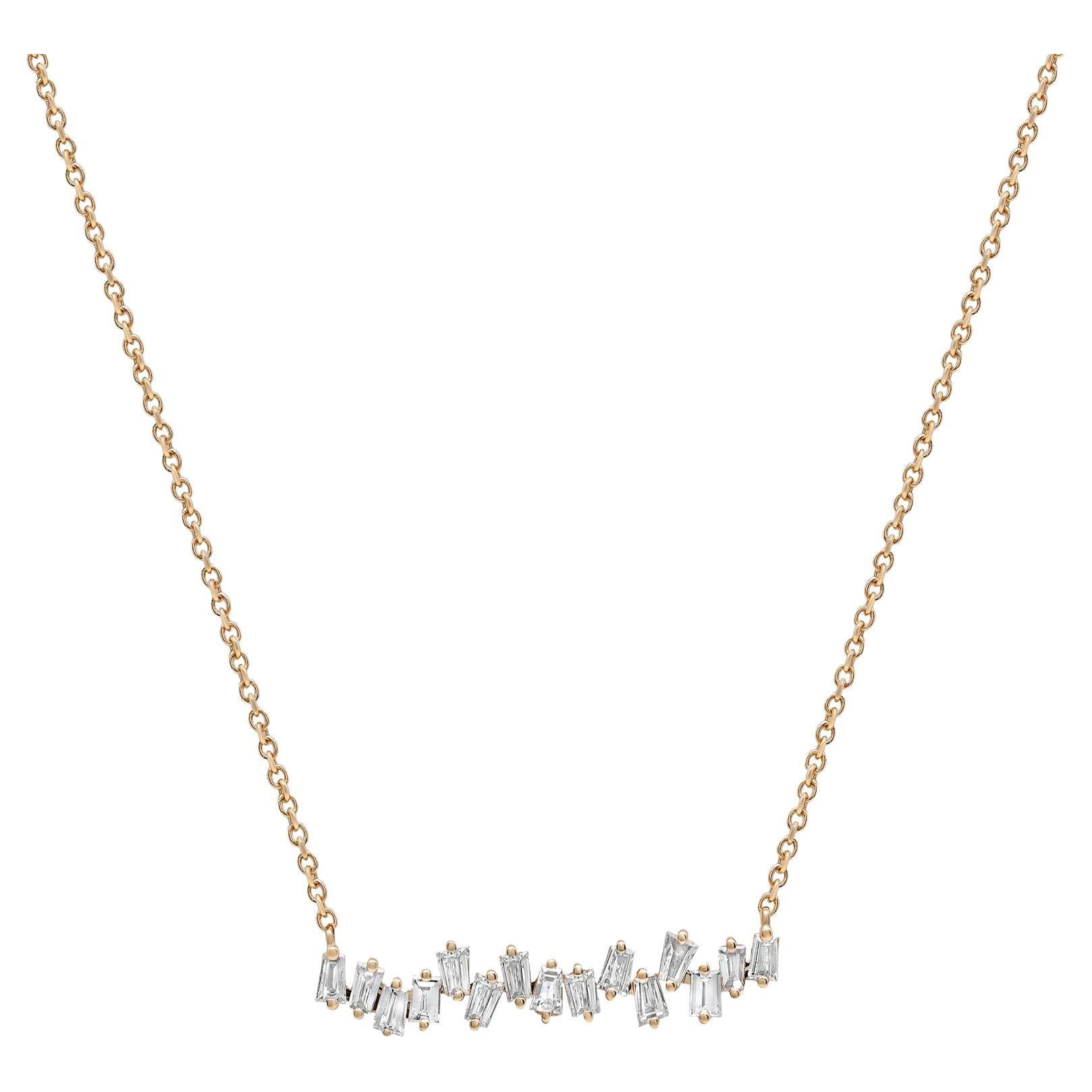 Rachel Koen 1.02cttw Baguette Cut Diamond Cluster Bar Necklace 18K Yellow Gold For Sale