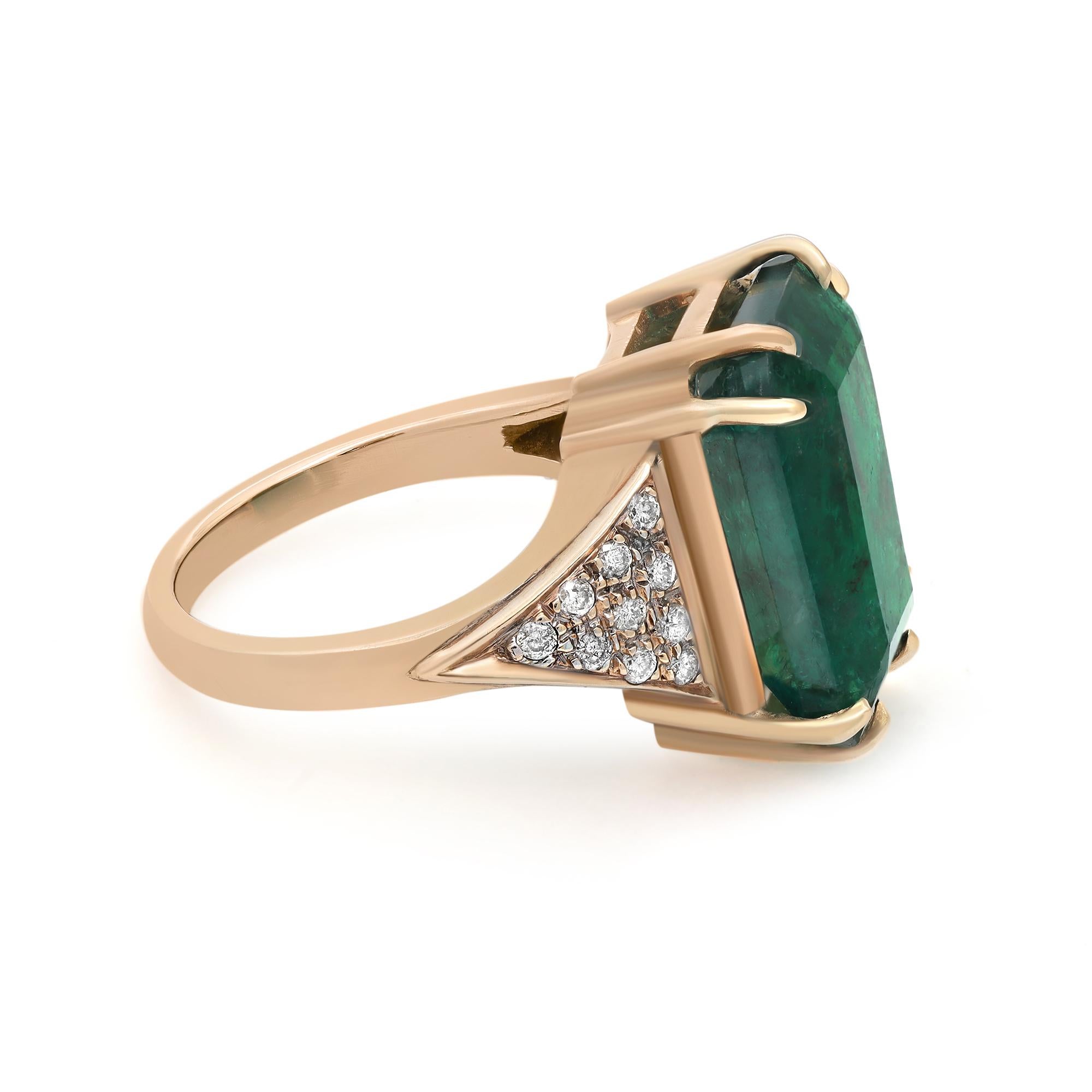 Emerald Cut Rachel Koen 11.06Cttw Emerald & 0.20Cttw Diamond Cocktail Ring 18K Yellow Gold For Sale
