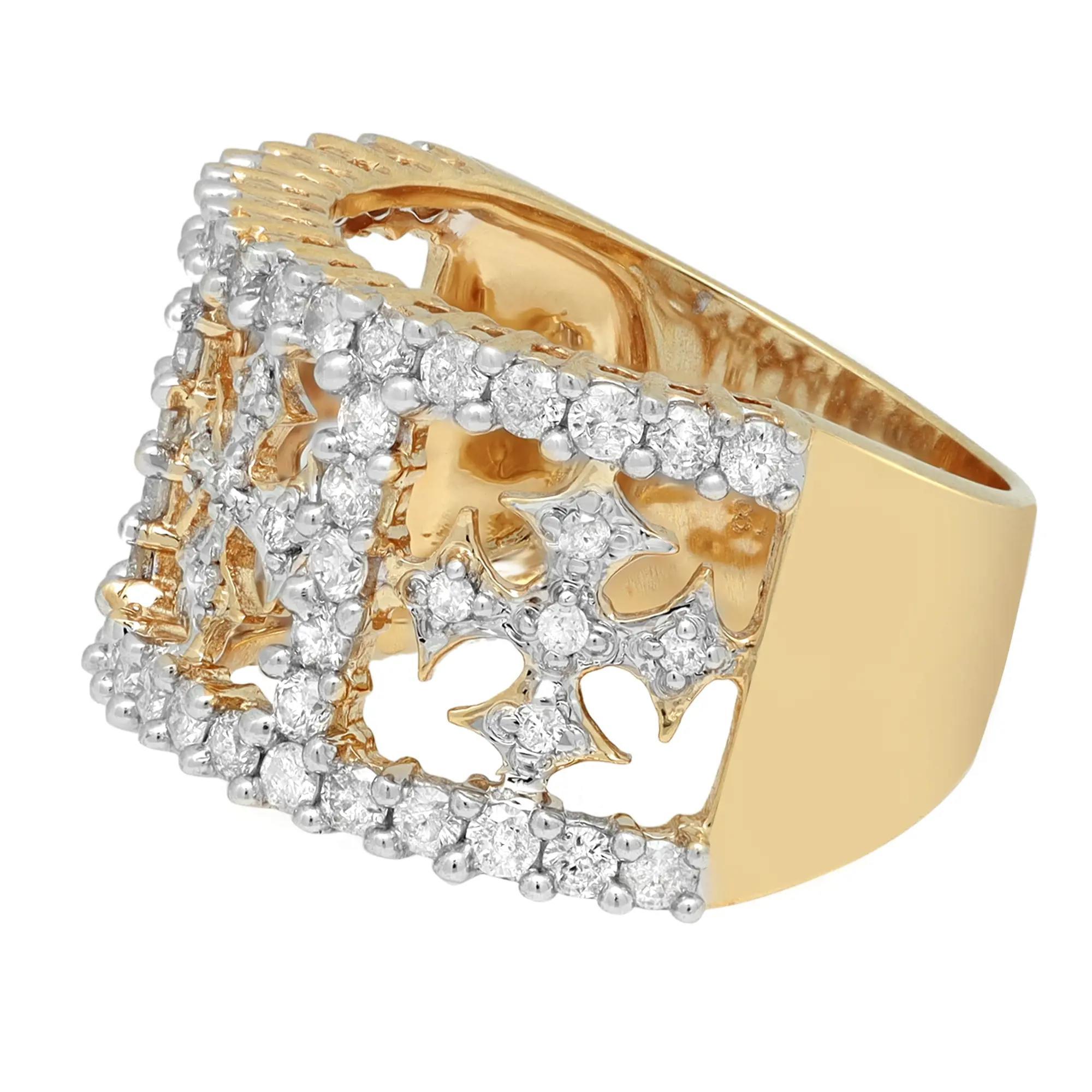 This wide band openwork cross design ring is crafted from rich 14K yellow gold. Set with shimmering round cut diamonds, totaling 1.15 carats. The diamond color is I with SI-I clarity. Ring size 7.5. Width of the ring is 13 mm. Total weight: 8.53